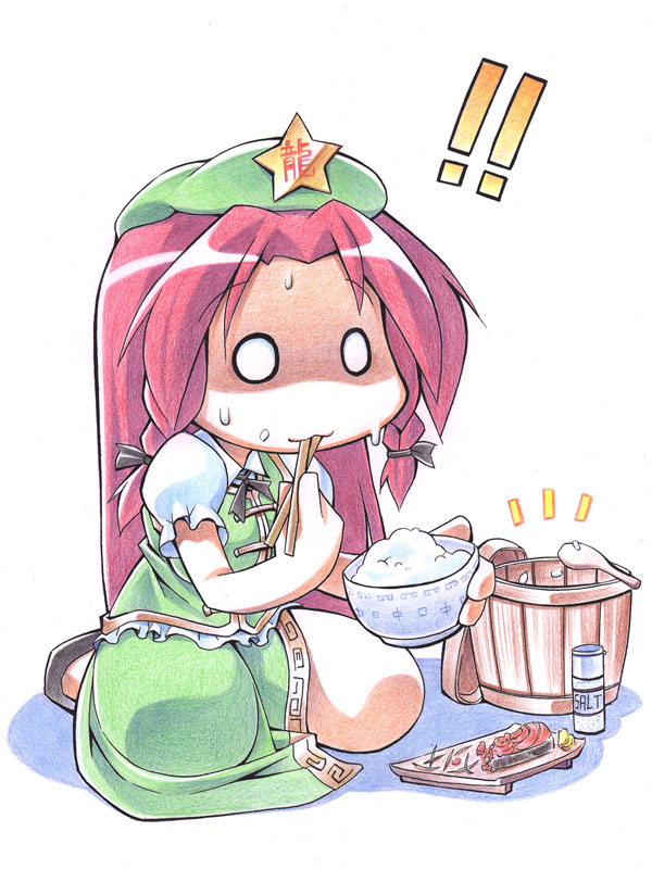 uccow, hong meiling, embodiment of scarlet devil, touhou, bad id, bad pixiv id, 1girl, braid, chibi, china dress, chinese clothes, dress, eating, female focus, food, hat, long hair, o o, red hair, ribbon, sitting, solo, sweat, twin braids