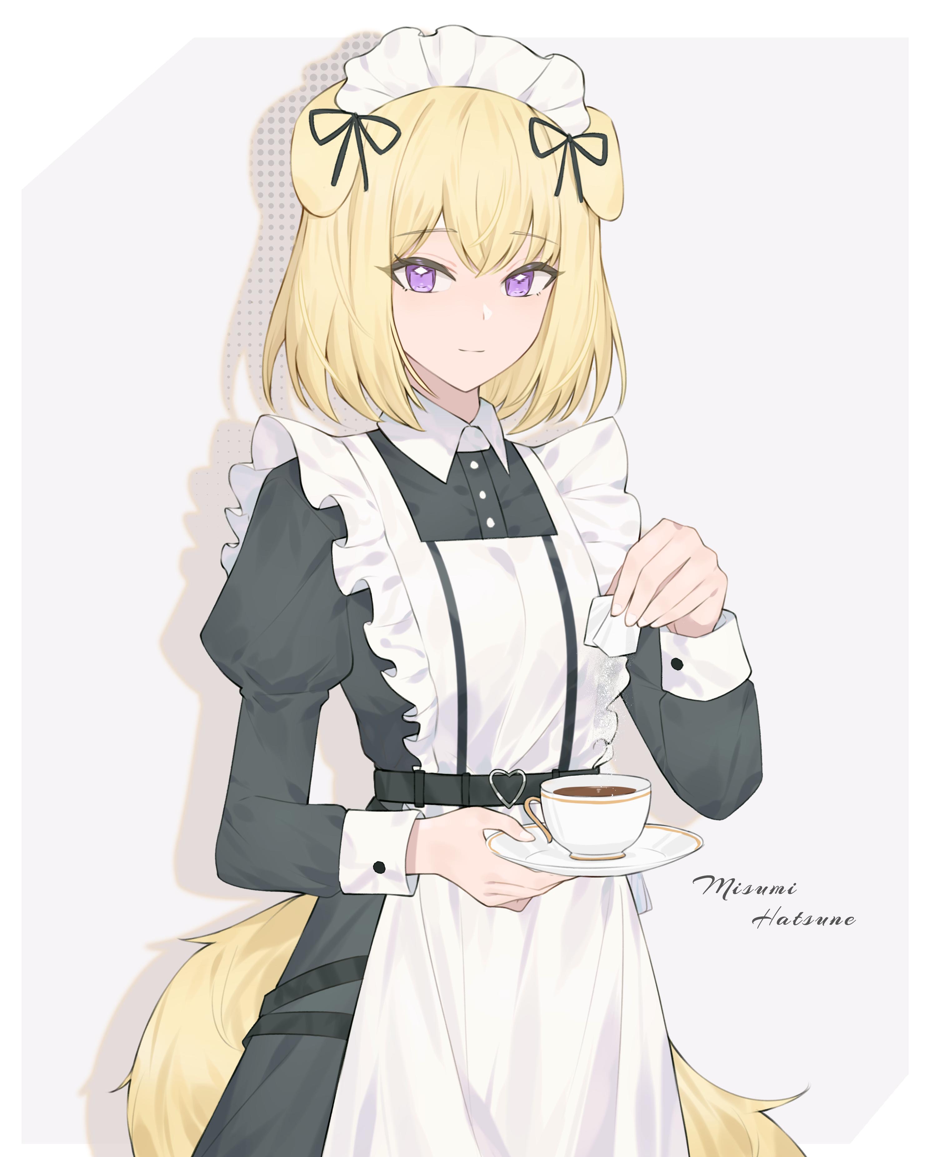 sflr, misumi uika, misumi uika (caged singer), arknights, bang dream!, bang dream! it's mygo!!!!!, absurdres, highres, 1girl, animal ears, apron, black dress, blonde hair, character name, closed mouth, collared dress, cup, dog ears, dog girl, dog tail, dress, drop shadow, frilled apron, frills, holding, holding cup, holding saucer, juliet sleeves, kemonomimi mode, long sleeves, looking at viewer, maid, maid apron, maid headdress, medium hair, puffy sleeves, purple eyes, saucer, simple background, sleeve cuffs, smile, solo, tail, tea, white apron