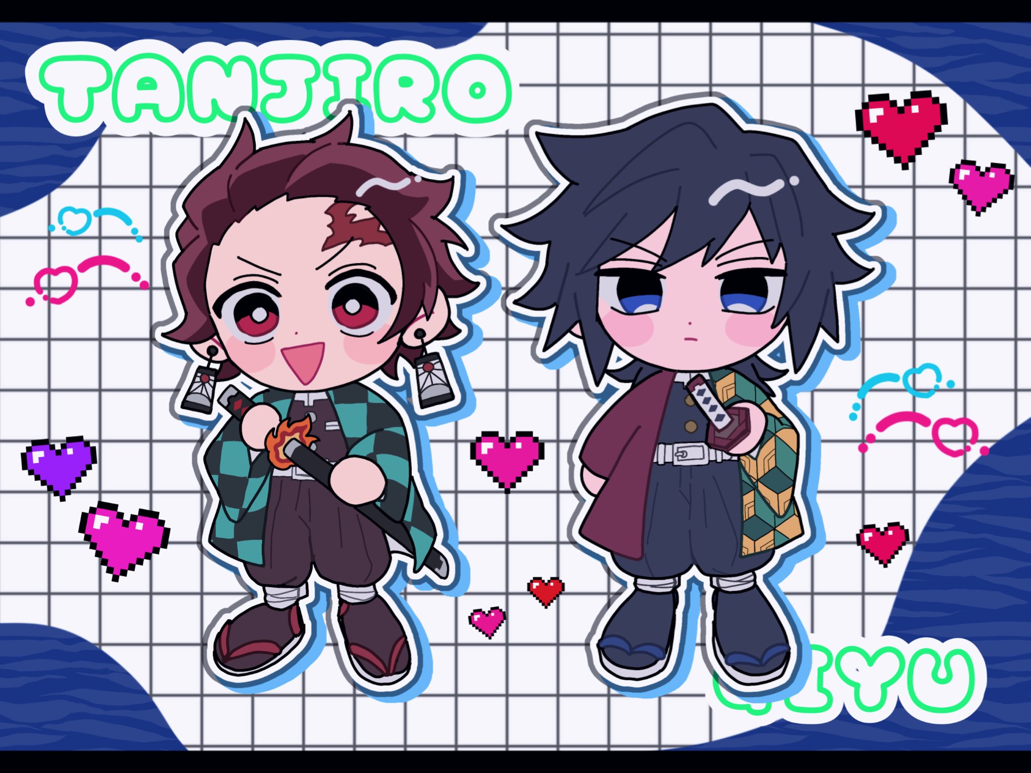 tomioka giyuu, kimetsu no yaiba, highres, 2boys, belt, black hair, black jacket, black pants, black socks, blue eyes, blush stickers, brown hair, buttons, character name, checkered haori, chibi, chibi only, closed mouth, demon slayer uniform, earrings, empty eyes, gold buttons, hair between eyes, hanafuda earrings, haori, heart, high collar, holding, holding sword, holding weapon, jacket, japanese clothes, jewelry, katana, kikkoumon, looking at viewer, low ponytail, male focus, multiple boys, open mouth, p o0, pants, ponytail, print haori, red eyes, red haori, sandals, smile, socks, spiked hair, standing, sword, weapon, white belt