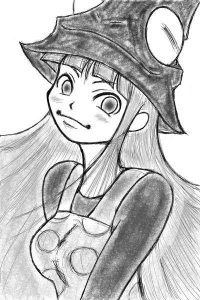 eruka frog, soul eater, 00s, dress, greyscale, hat, monochrome, pinafore dress, sleeveless dress, solo, witch, witch hat, wizard hat