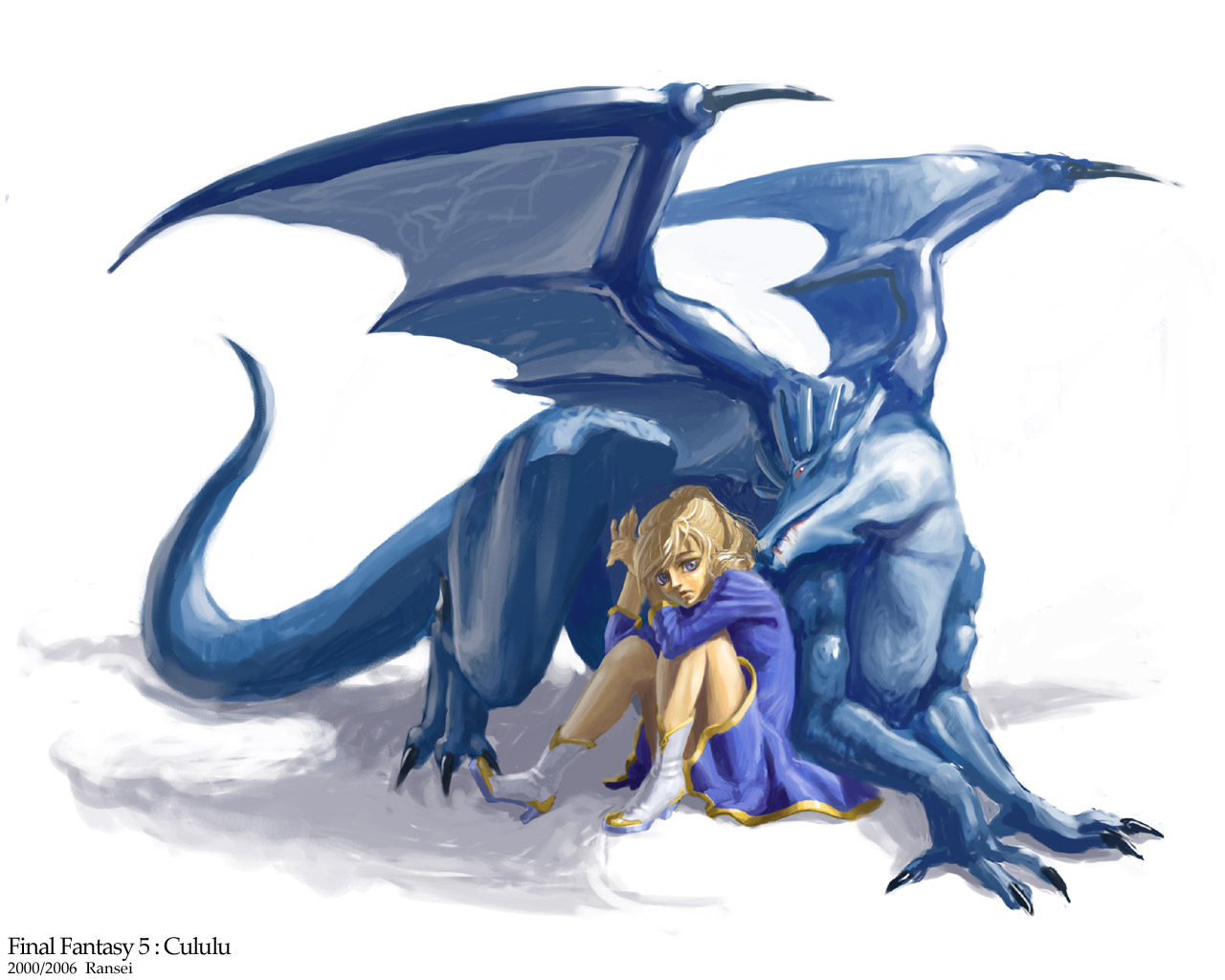 ransei, krile mayer baldesion (ff5), final fantasy, final fantasy v, 1990s (style), blonde hair, blue eyes, boots, character name, claws, copyright name, dated, dragon, high heel boots, high heels, horns, ponytail, red eyes, retro artstyle, sitting, solo, tail, white background, wings