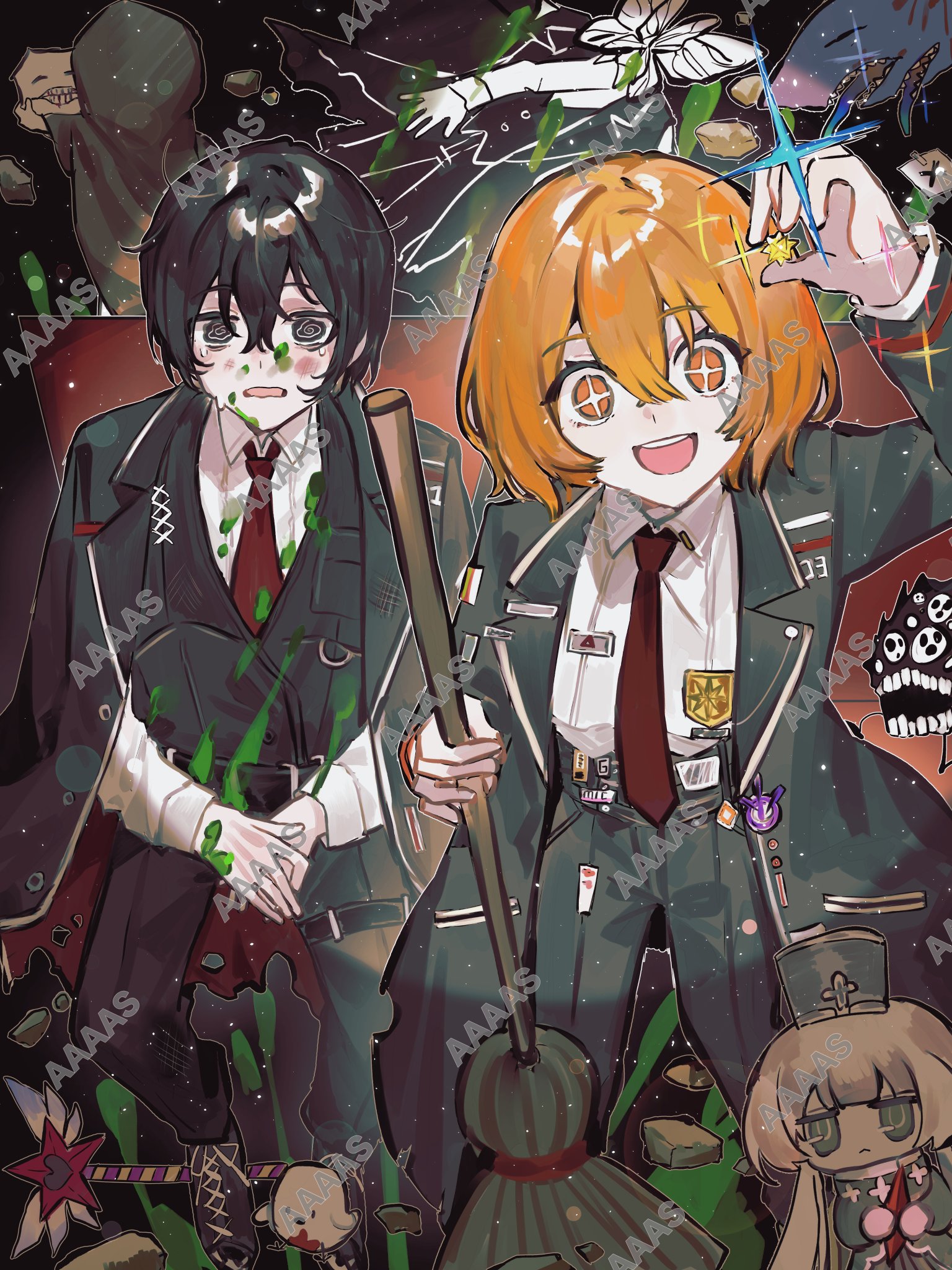 akasasachii, charon (project moon), don quixote (project moon), funeral of the dead butterflies, mountain of smiling bodies, punishing bird, the dreaming current, today's shy look, yi sang (project moon), limbus company, project moon, highres, + +, 1boy, 2girls, :d, @ @, black background, black coat, black eyes, black hair, black pants, black vest, blonde hair, broom, coat, collared shirt, full body, holding, holding broom, long sleeves, looking at viewer, multiple girls, necktie, open mouth, pants, red necktie, shirt, short hair, simple background, smile, standing, vest, white shirt, yellow eyes