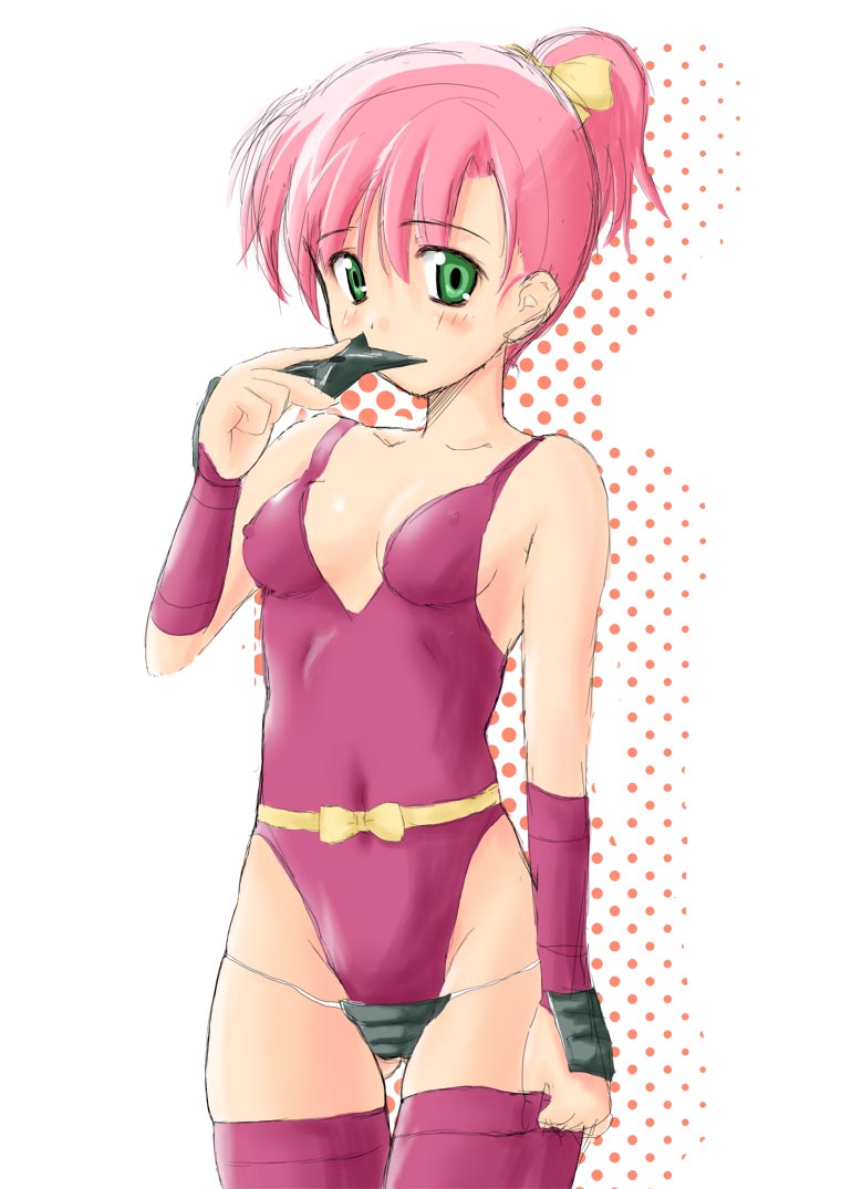 shitan, lenna charlotte tycoon, ninja (final fantasy), final fantasy, final fantasy v, 1990s (style), 1girl, bare shoulders, female focus, green eyes, leotard, ninja, pink hair, retro artstyle, short hair, shuriken, solo, thighhighs, weapon