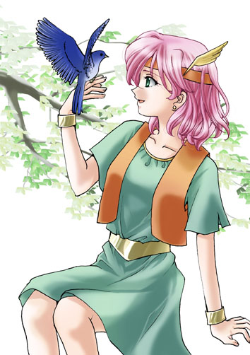 ramuda, sirotuka lambda, lenna charlotte tycoon, ranger, final fantasy, final fantasy v, bad id, bad pixiv id, 1990s (style), 1girl, arm support, bird, bird on hand, bracelet, earrings, feathers, female focus, green eyes, green skirt, headband, jewelry, open mouth, parted lips, pink hair, retro artstyle, short hair, sitting, skirt, smile, solo, vest