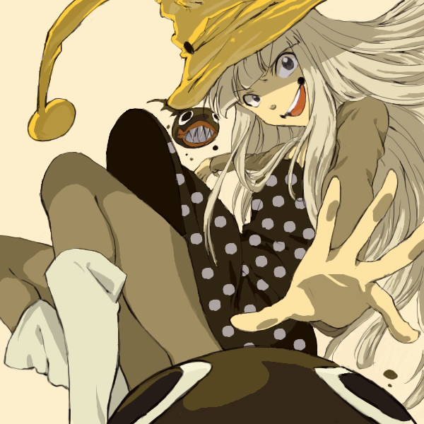 tamura satomi, eruka frog, soul eater, white footwear, 00s, 1girl, boots, dress, female focus, hat, long hair, pantyhose, polka dot, polka dot dress, shoes, solo, white hair, witch, witch hat, wizard hat