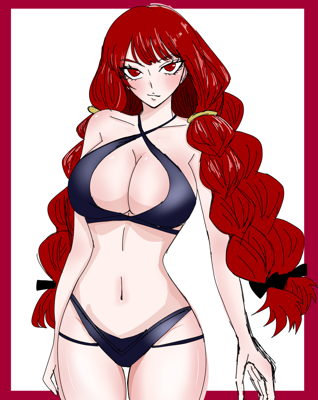 irene belserion, fairy tail, 1girl, bikini, breasts, cleavage, collarbone, large breasts, long hair, navel, quad braids, red eyes, red hair, solo, swimsuit