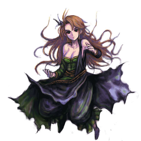 kara (color), siren (final fantasy), final fantasy, final fantasy v, lowres, 1990s (style), 1girl, bare shoulders, breasts, brown hair, cleavage, collarbone, dress, female focus, full body, green dress, large breasts, long hair, looking at viewer, retro artstyle, simple background, siren (ff5), solo, very long hair, white background