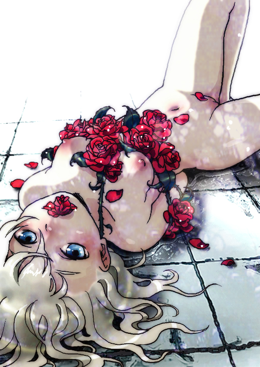 kosame (artist), kosame tsuyuna, original, 1girl, arms behind back, bdsm, blonde hair, blue eyes, bondage, bound, breasts, female focus, flower, loli, lying, nipples, nude, petals, pussy, rose, short hair, small breasts, solo