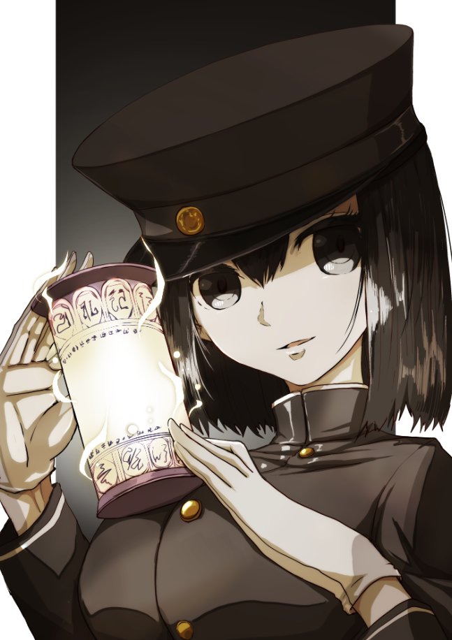 boushi-ya, akitsu maru (kancolle), akitsu maru kai (kancolle), kantai collection, 1girl, black eyes, black hair, black hat, blush, breasts, gloves, hat, lantern, large breasts, long sleeves, looking at viewer, military uniform, pale skin, peaked cap, short hair, solo, upper body, white gloves