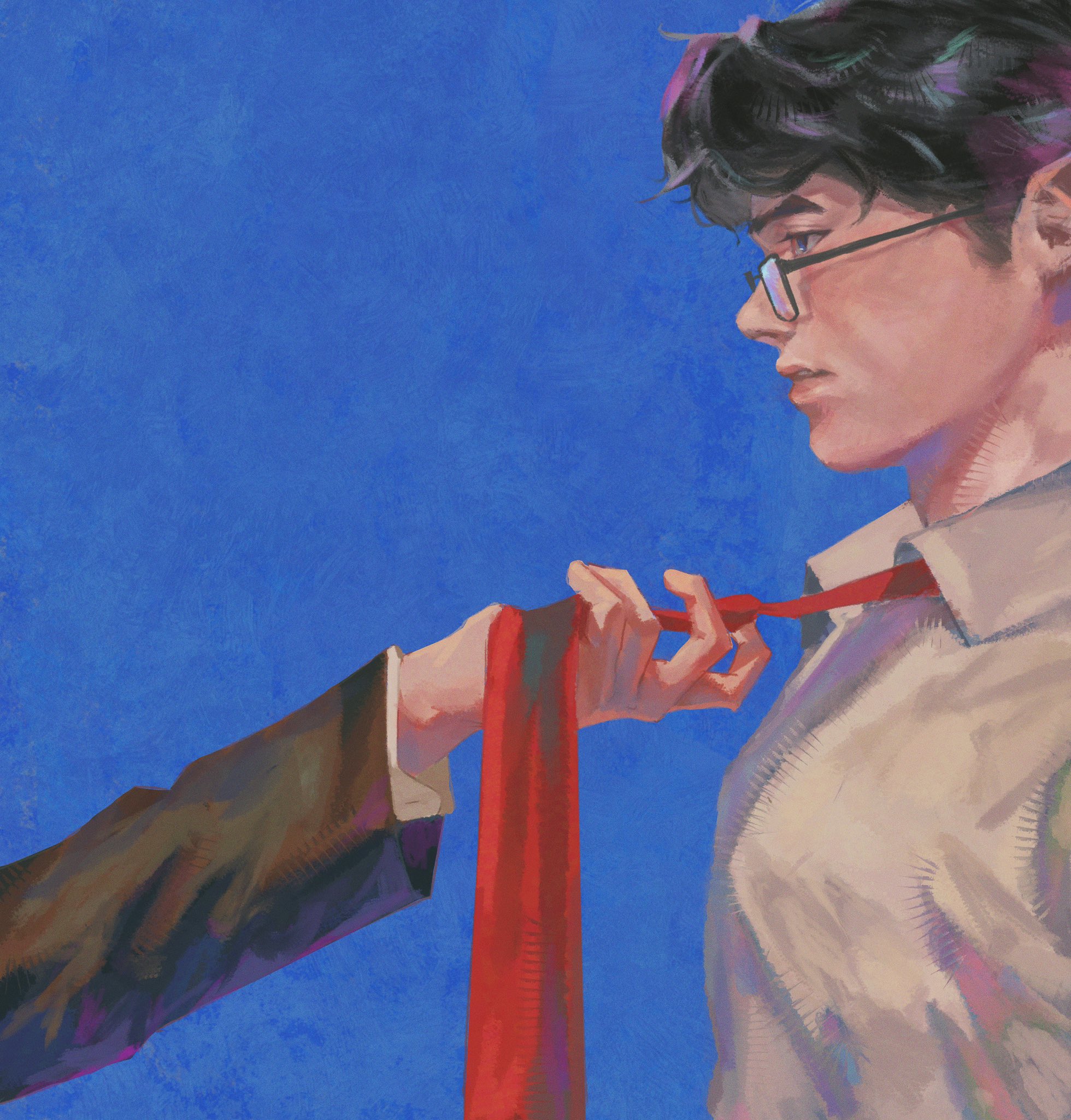 bruce wayne, clark kent, batman (series), dc comics, superman (series), commentary, highres, 2boys, black-framed eyewear, black hair, blue background, blue eyes, clothes grab, collared shirt, layered sleeves, lips, long sleeves, male focus, meatomeato, multiple boys, necktie, necktie grab, neckwear grab, out of frame, profile, red necktie, shirt, simple background, upper body, white shirt, wing collar