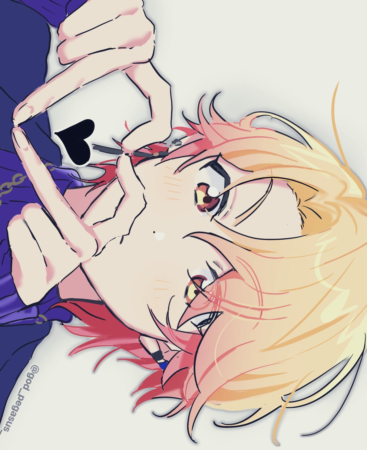 mopemope (god pegasus), tenma tsukasa, project sekai, highres, 1boy, blonde hair, deep dark for light (project sekai), dot nose, ear piercing, fingernails, four-finger heart hands, gradient hair, hands up, heart, heart hands, looking at viewer, male focus, multicolored hair, official alternate costume, official alternate hairstyle, piercing, pink hair, short hair, simple background, solo, turtleneck, two-tone hair