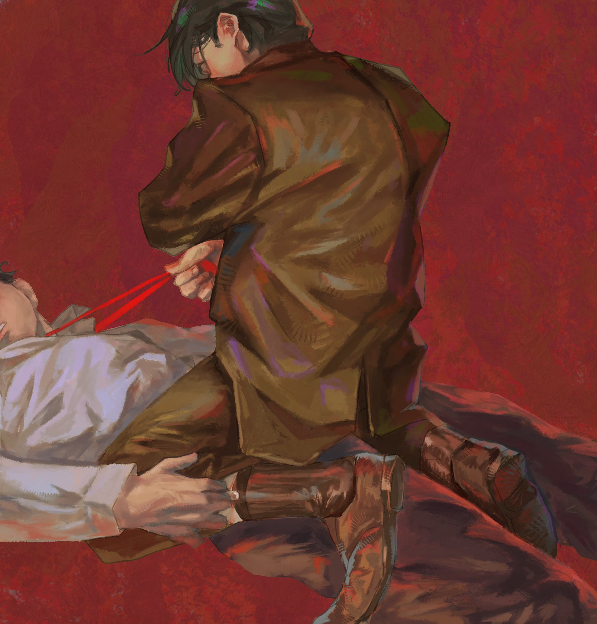 bruce wayne, clark kent, batman (series), dc comics, superman (series), commentary, highres, 2boys, black hair, boots, brown boots, brown jacket, brown pants, clothes grab, jacket, kneeling, lying, male focus, meatomeato, multiple boys, necktie, necktie grab, neckwear grab, on back, pants, red background, red necktie, shirt, shirt tucked in, short hair, sideburns, suit jacket, white shirt, yaoi