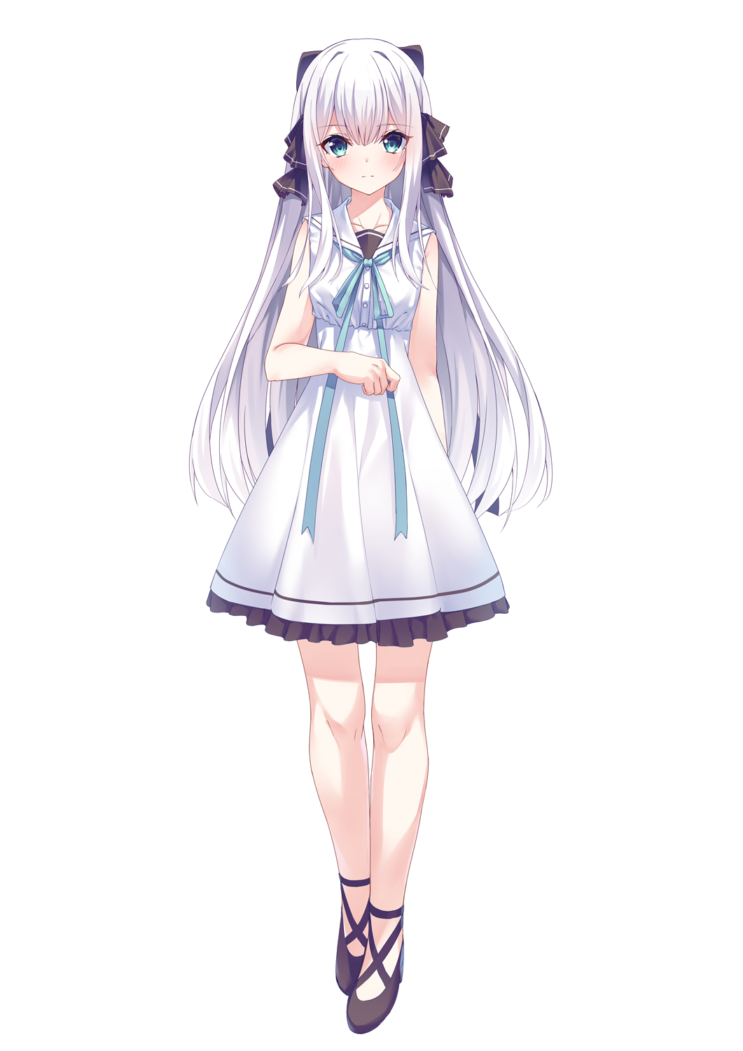 shiro youduki, character request, commentary request, copyright request, highres, 1girl, aqua eyes, aqua ribbon, black boots, black bow, boots, bow, breasts, dress, frilled dress, frills, full body, hair between eyes, hair bow, hand up, high heels, long hair, looking at viewer, neck ribbon, ribbon, sailor collar, short dress, simple background, sleeveless, sleeveless dress, small breasts, solo, standing, straight-on, straight hair, tachi-e, white background, white dress, white hair, white sailor collar