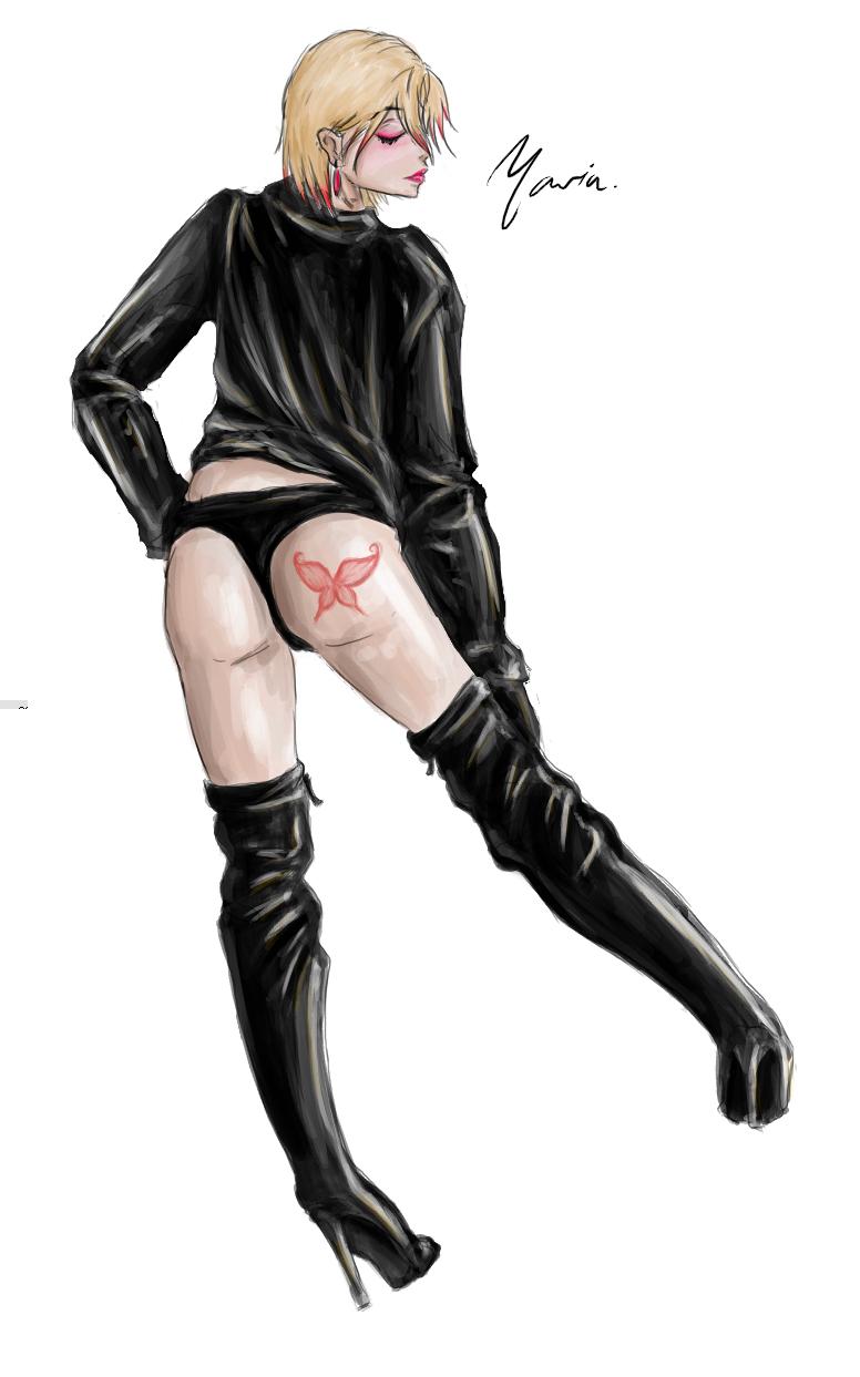 maria (silent hill), silent hill, silent hill (series), silent hill 2, highres, 1girl, ass, black panties, black thighhighs, blonde hair, boots, bug, butterfly, closed eyes, earrings, eyeshadow, female focus, from behind, full body, gloves, hand on own hip, high heel boots, high heels, hip focus, insect, jacket, jewelry, lipstick, looking back, makeup, panties, shoes, short hair, simple background, solo, tattoo, thigh boots, thighhighs, thong, underwear