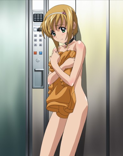 pico (boku no pico), boku no pico, lowres, stitched, third-party edit, 00s, 1boy, blonde hair, blush, choker, clothes in front, covering privates, crossed arms, elevator, green eyes, hairband, male focus, nude, nude cover, short hair, shota, solo, trap