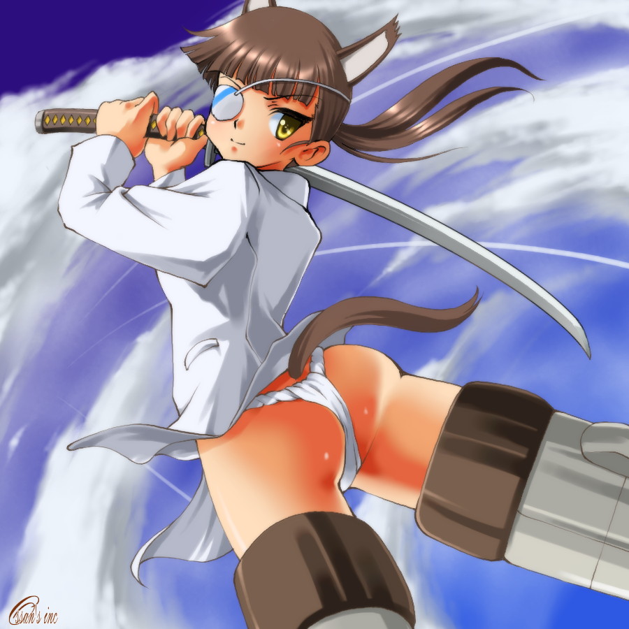 dr rex, sakamoto mio, strike witches, world witches series, 00s, 1girl, ass, brown hair, female focus, from behind, from below, fundoshi, green eyes, grey thighhighs, japanese clothes, katana, looking at viewer, looking back, no pants, panties, ponytail, short hair, solo, standing, striker unit, sword, thighhighs, underwear, weapon, white panties