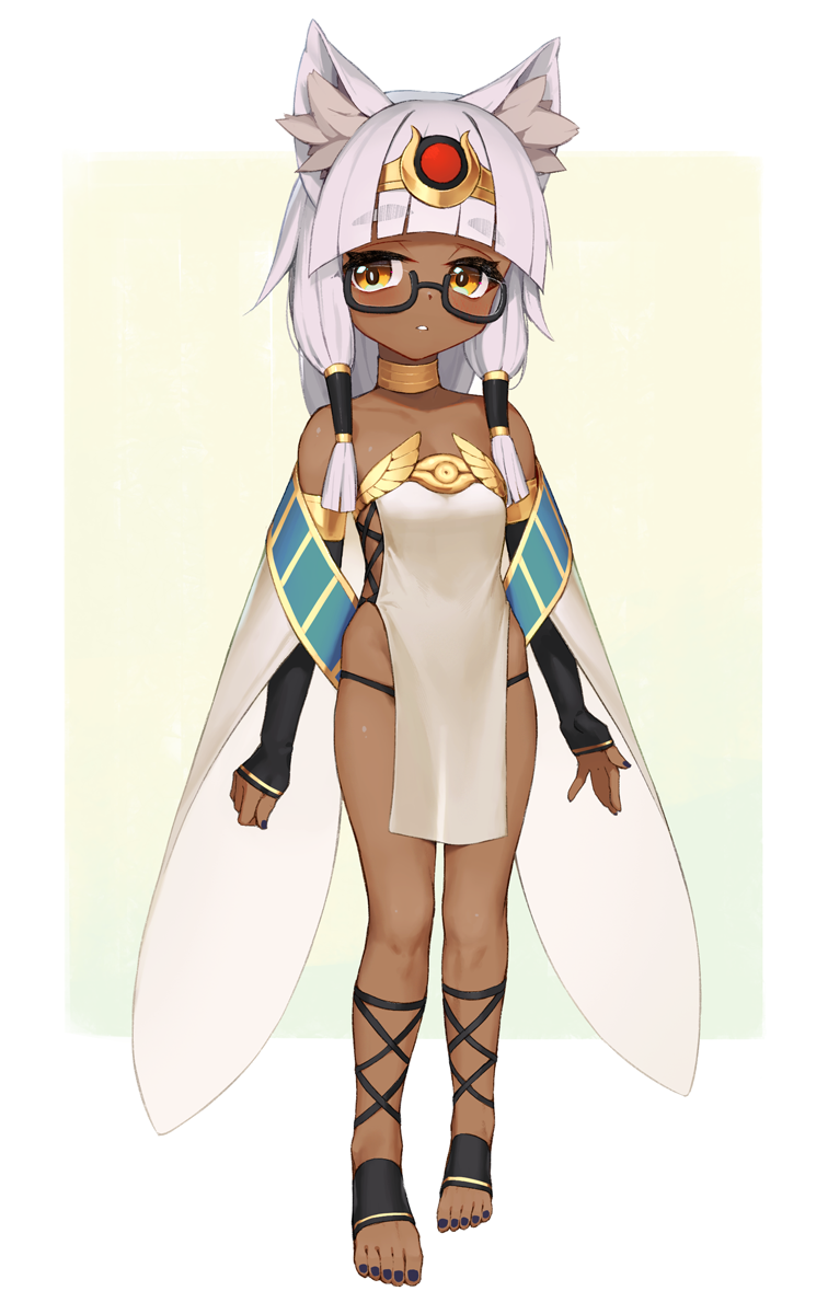 rotix, original, highres, 1girl, ancient egyptian, animal ear fluff, animal ears, arms at sides, brown eyes, circlet, dark-skinned female, dark skin, full body, glasses, if you want to become a godly artist (trend), long hair, looking at viewer, semi-rimless eyewear, solo, standing, thick eyebrows, under-rim eyewear