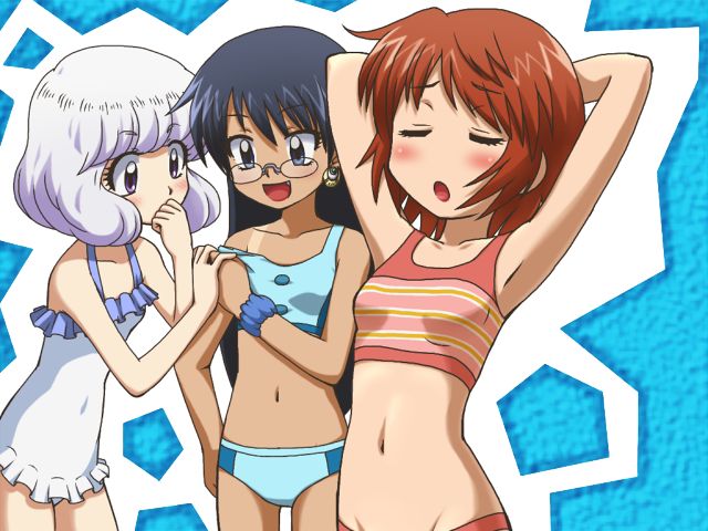 awa, akashi kaoru, nogami aoi, sannomiya shiho, zettai karen children, frilled swimsuit, light purple hair, 00s, 3girls, armpits, arms up, bikini, bikini tan, blue background, blue bikini, blue eyes, blue hair, blush, closed eyes, covered navel, earrings, frills, glasses, groin, jewelry, long hair, looking at another, multiple girls, navel, off shoulder, one-piece swimsuit, pink bikini, purple eyes, red hair, short hair, standing, swimsuit, tan, tankini, tanline, white one-piece swimsuit
