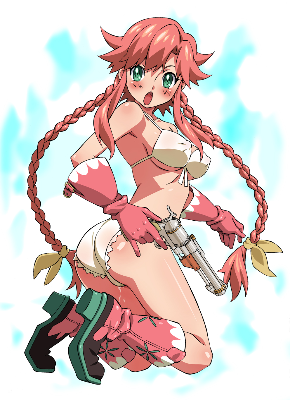 kekke, rebecca streisand, wild arms, wild arms 5, highres, 1girl, :o, ass, bikini, boots, braid, breasts, covered erect nipples, female focus, full body, gloves, green eyes, gun, handgun, knee boots, kneeling, large breasts, long hair, open mouth, pink boots, pink gloves, pistol, pussy juice, red hair, revolver, shiny skin, solo, swimsuit, twin braids, twintails, weapon, white bikini