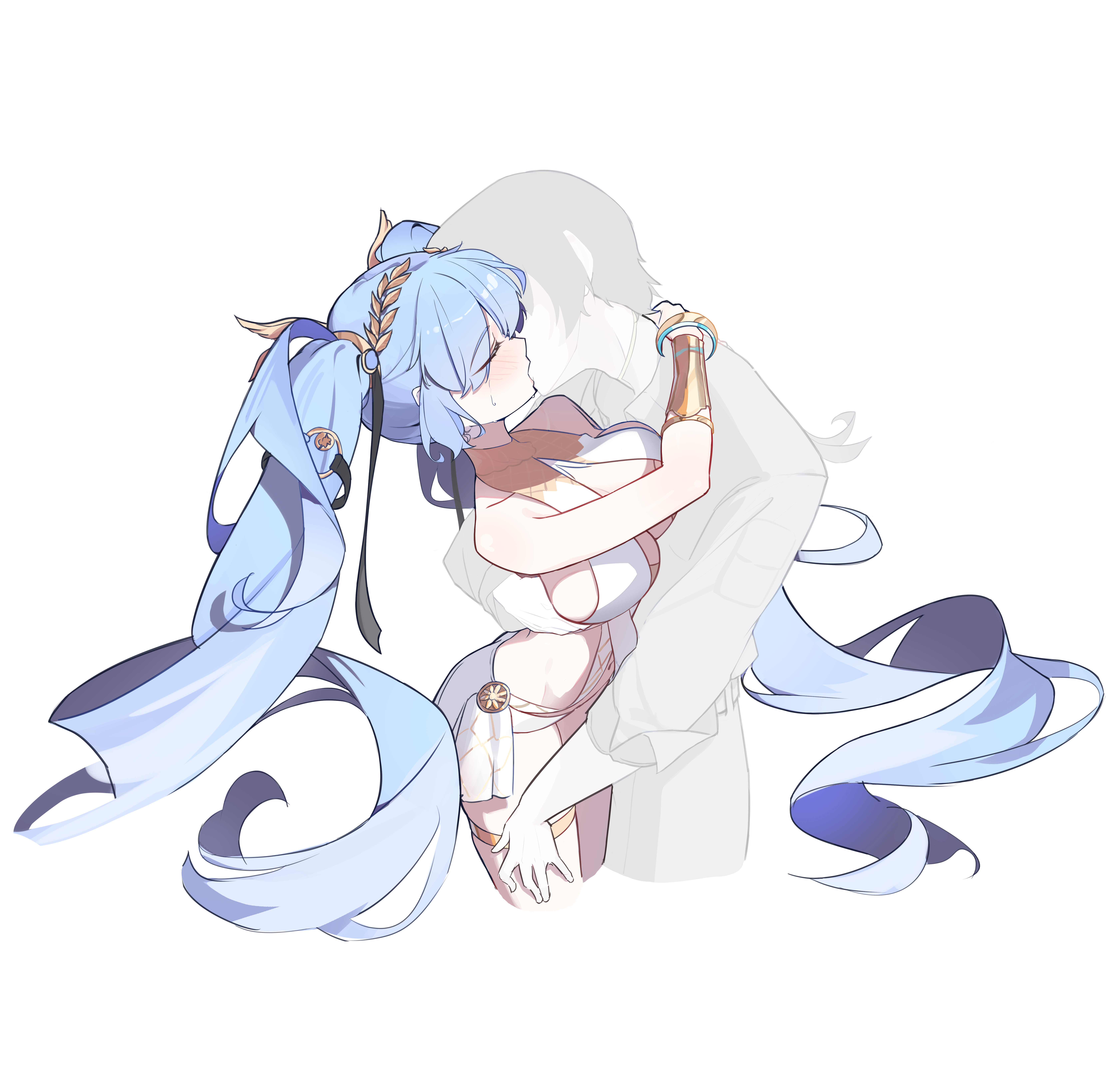 ryua (user kedz2257), iuno (wuthering waves), male rover (wuthering waves), rover (wuthering waves), wuthering waves, absurdres, commentary, english commentary, highres, 1boy, 1girl, ancient greek clothes, bare shoulders, black hair, black jacket, blue hair, blush, breasts, cleavage, closed eyes, greco-roman clothes, jacket, kiss, laurel crown, long hair, medium breasts, simple background, solo, thigh strap, thighs, vambraces, white background
