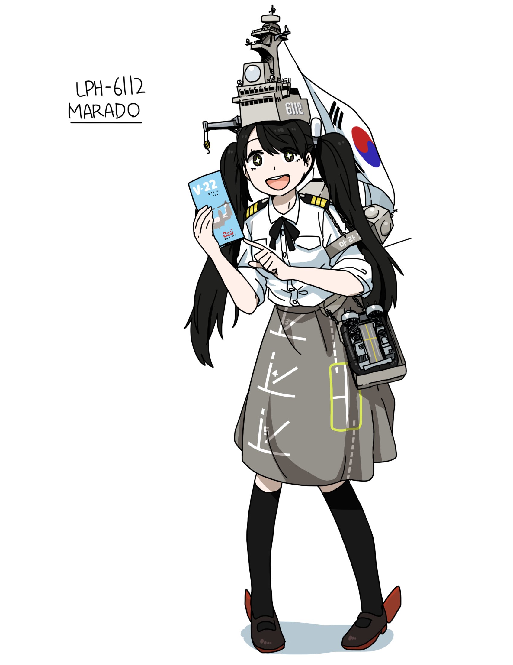 anyan (jooho), original, 1girl, adapted uniform, amphibious assault ship, black bow, black socks, booklet, bow, brown shoes, character name, clothes writing, collared shirt, crane (machine), excited, eyebrows hidden by hair, grey skirt, holding, hovercraft, landing craft, landing craft air cushion, long hair, mary janes, mecha musume, military uniform, open mouth, parted bangs, pigeon-toed, pointing, radar, raised eyebrows, republic of korea navy, roks marado (lph-6112), rudder footwear, ship, shirt, shirt tucked in, shoes, shoulder boards, skirt, sleeves rolled up, socks, south korea, south korean flag, sparkling eyes, standing, teeth, twintails, upper teeth only, v-22 osprey, watercraft, white shirt