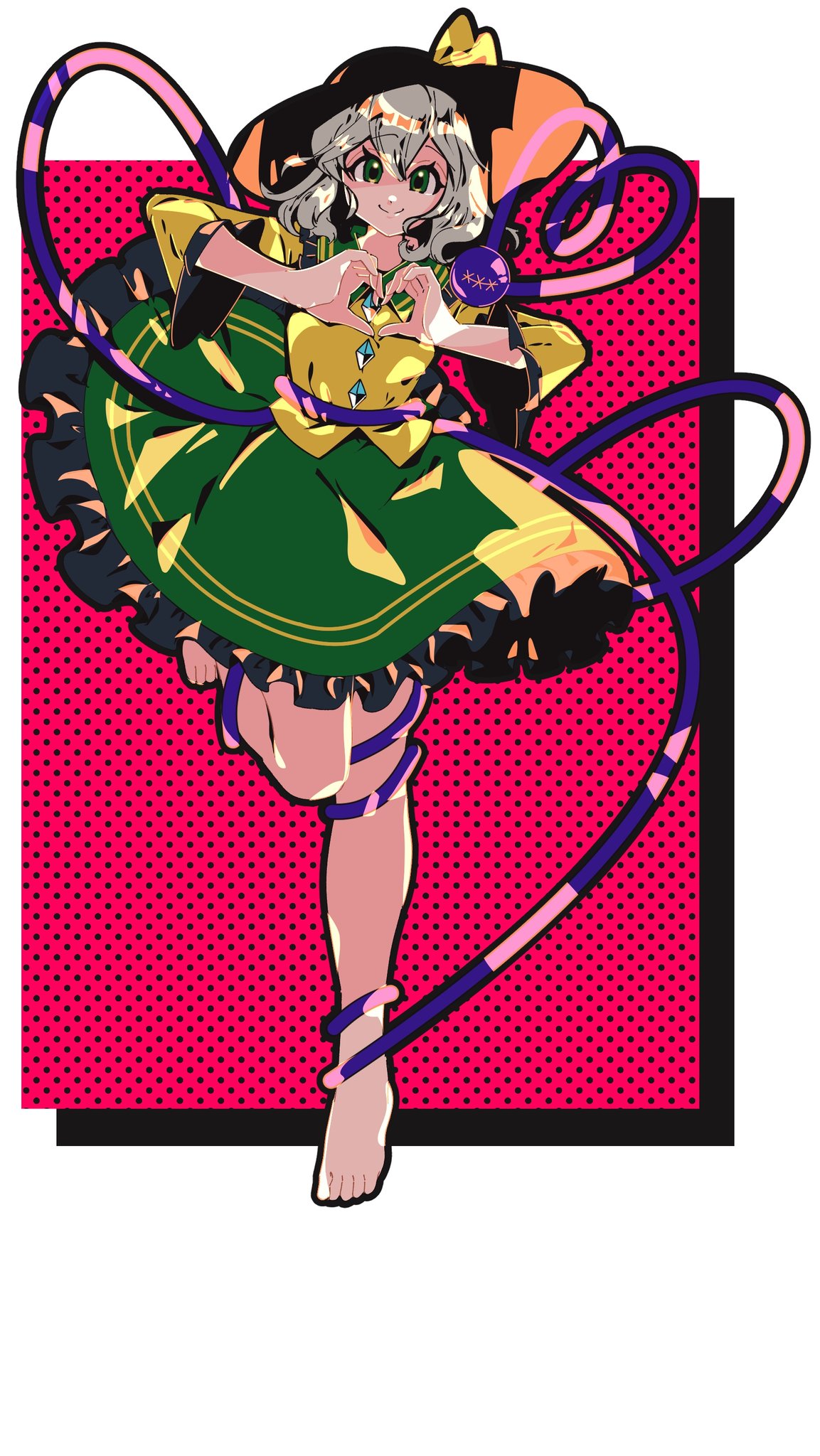 shizuku hky, komeiji koishi, touhou, commentary, highres, 1girl, barefoot, black hat, frilled skirt, frilled sleeves, frills, full body, green eyes, green skirt, hat, heart, heart hands, looking at viewer, shirt, short hair, skirt, smile, solo, standing, standing on one leg, third eye, white hair, yellow shirt