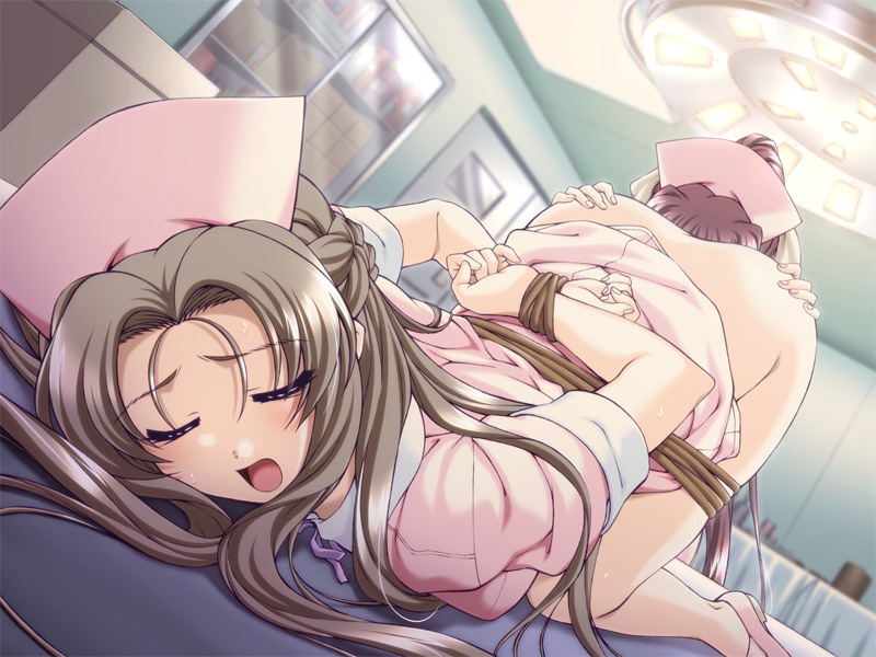 morita kazuaki, isami rinka, nanase ren, yakin byoutou, ass grab, pink headwear, game cg, 00s, 2girls, arms behind back, ass, bdsm, blurry, blurry background, bondage, bottomless, bound, braid, brown hair, closed eyes, cunnilingus, dutch angle, female focus, hat, high ponytail, hospital, implied cunnilingus, indoors, light blush, long hair, multiple girls, nurse, nurse cap, open mouth, oral, pink hair, pink shoes, ponytail, rope, sandals, shoes, spread legs, sweatdrop, top-down bottom-up, yuri