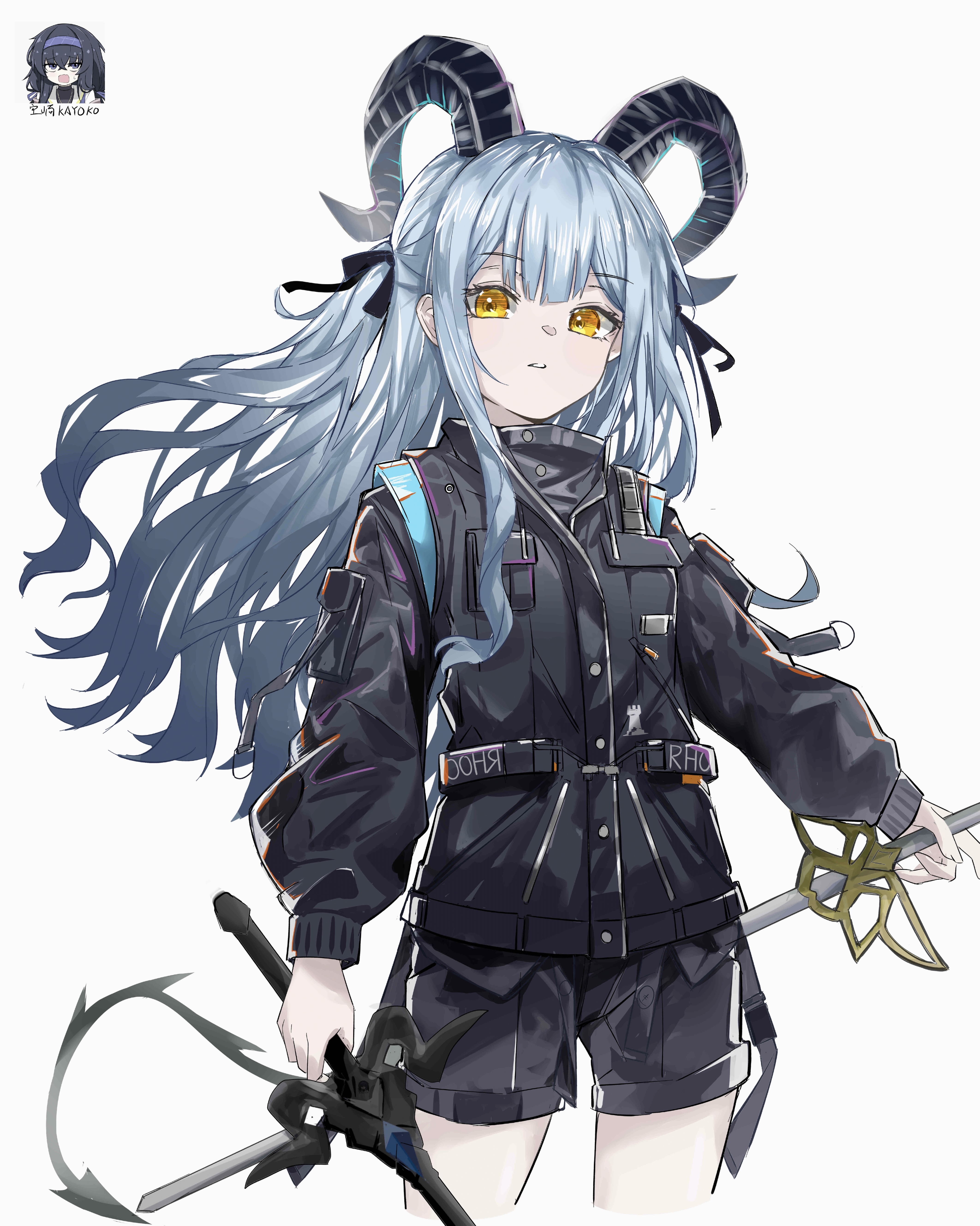 togawa sakiko, togawa sakiko (master of melodia), arknights, bang dream!, bang dream! it's mygo!!!!!, absurdres, highres, 1girl, belt, black belt, black horns, black jacket, black ribbon, black shorts, blue hair, character signature, cowboy shot, curled horns, demon tail, dual wielding, grey background, hair ribbon, holding, holding sword, holding weapon, horns, jacket, long hair, long sleeves, looking at viewer, parted lips, ribbon, shorts, sidelocks, simple background, solo, sorasaki kayoko, standing, sword, tail, two side up, weapon, yellow eyes