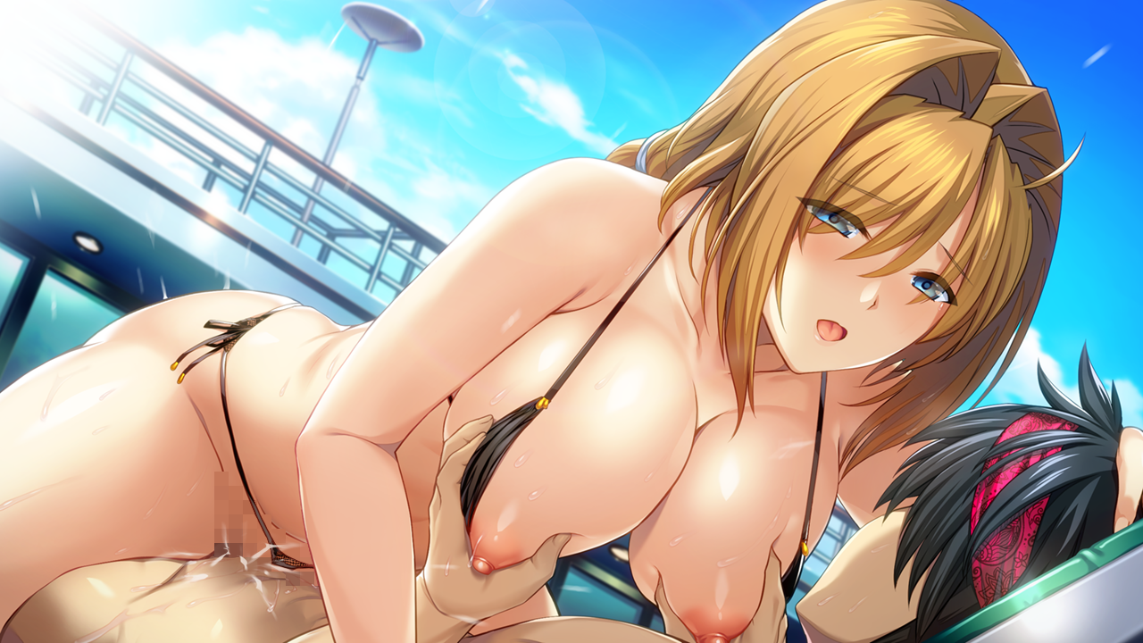 onigirikun, takamori haruka, choukou (alicesoft), choukou sennin haruka, choukou taisen escalation heroines, game cg, 1boy, 1girl, bikini, black bikini, blue eyes, blue sky, blush, breasts, brown hair, cowgirl position, grabbing another's breast, groping, hetero, ikusabe tokisada, large breasts, medium hair, open mouth, outdoors, sex, sky, straddling, swimsuit, vaginal