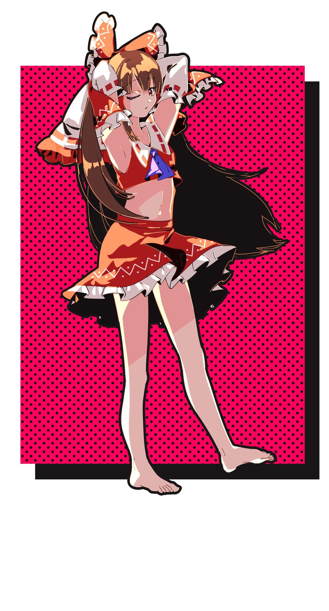 shizuku hky, hakurei reimu, touhou, commentary, highres, 1girl, armpits, ascot, barefoot, bow, brown hair, cropped shirt, detached sleeves, frilled bow, frilled skirt, frills, full body, hair bow, long hair, looking at viewer, midriff, navel, nontraditional miko, one eye closed, purple ascot, red bow, red shirt, red skirt, ribbon-trimmed sleeves, ribbon trim, shirt, skirt, sleeveless, sleeveless shirt, solo, standing