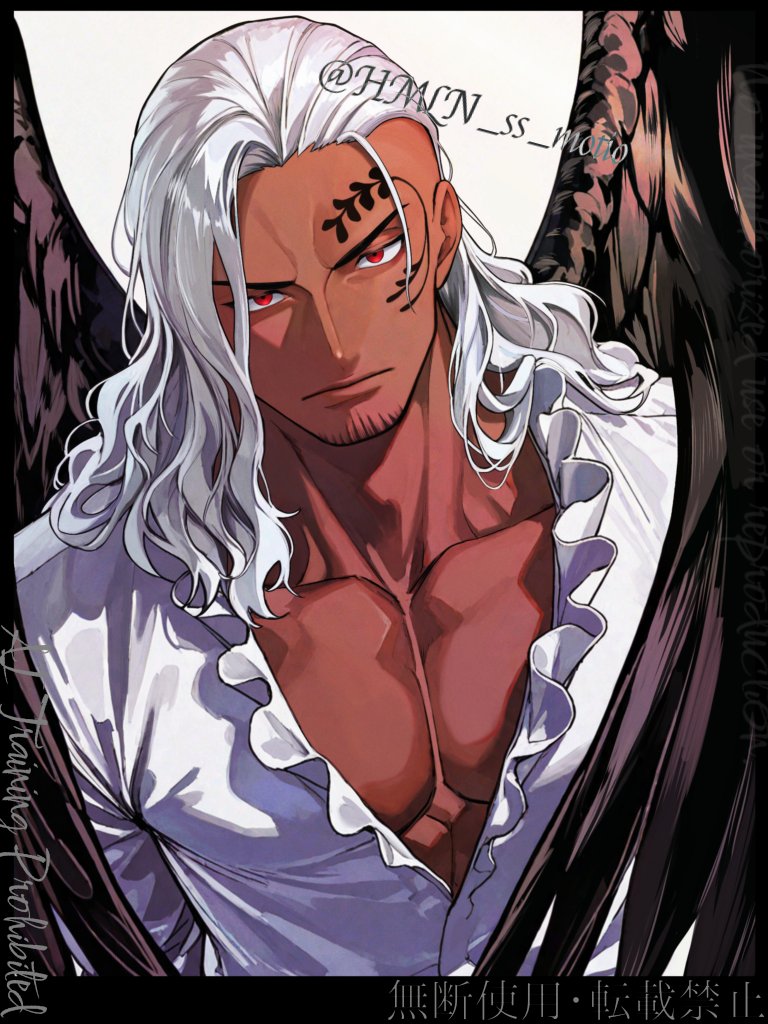 king (one piece), one piece, 1boy, asymmetrical hair, black wings, dark-skinned male, dark skin, facial hair, facial tattoo, feathered wings, frilled shirt, frills, goatee, hmln ss motio, long hair, looking at viewer, male focus, muscular, muscular male, pectorals, red eyes, serious, shirt, solo, tattoo, twitter username, upper body, white hair, white shirt, wings