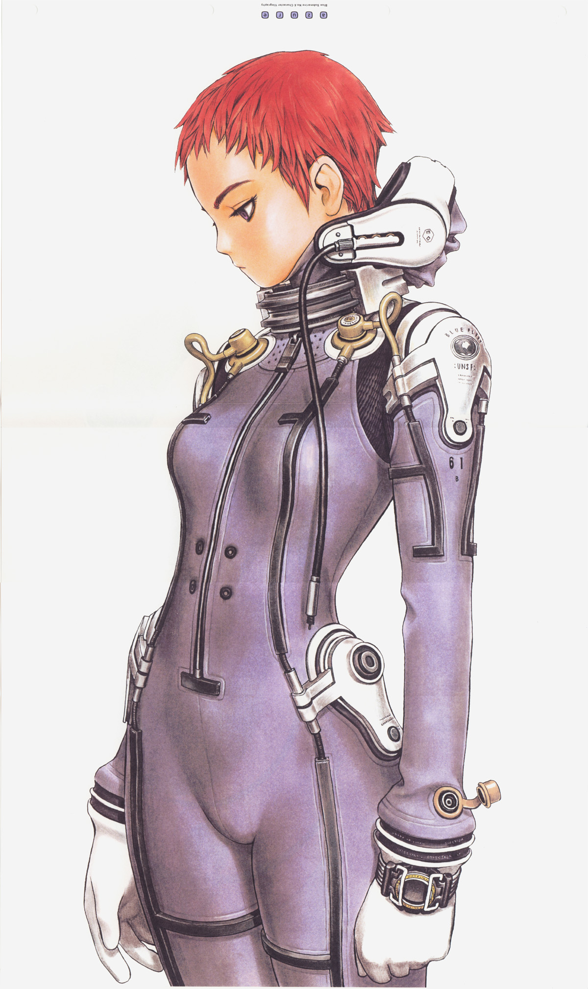 murata range, kino mayumi, ao no roku-gou, looking away, highres, scan, scan artifacts, 1girl, bodysuit, cowboy shot, diving suit, female focus, gloves, grey background, headset, purple bodysuit, purple eyes, red hair, short hair, simple background, skin tight, solo