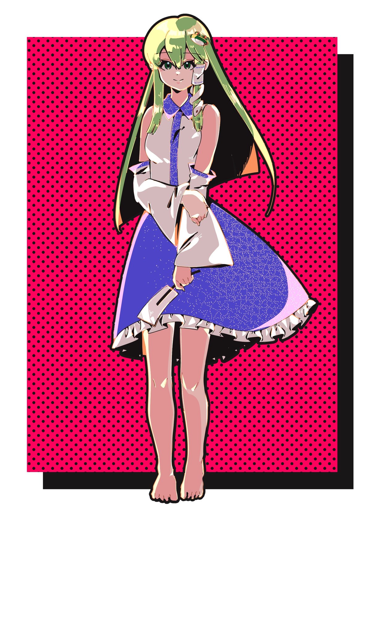shizuku hky, kochiya sanae, touhou, commentary, highres, 1girl, bare shoulders, barefoot, detached sleeves, frilled skirt, frills, frog hair ornament, full body, green eyes, green hair, hair between eyes, hair ornament, long hair, looking at viewer, print skirt, purple skirt, shirt, skirt, snake hair ornament, solo, standing, white shirt