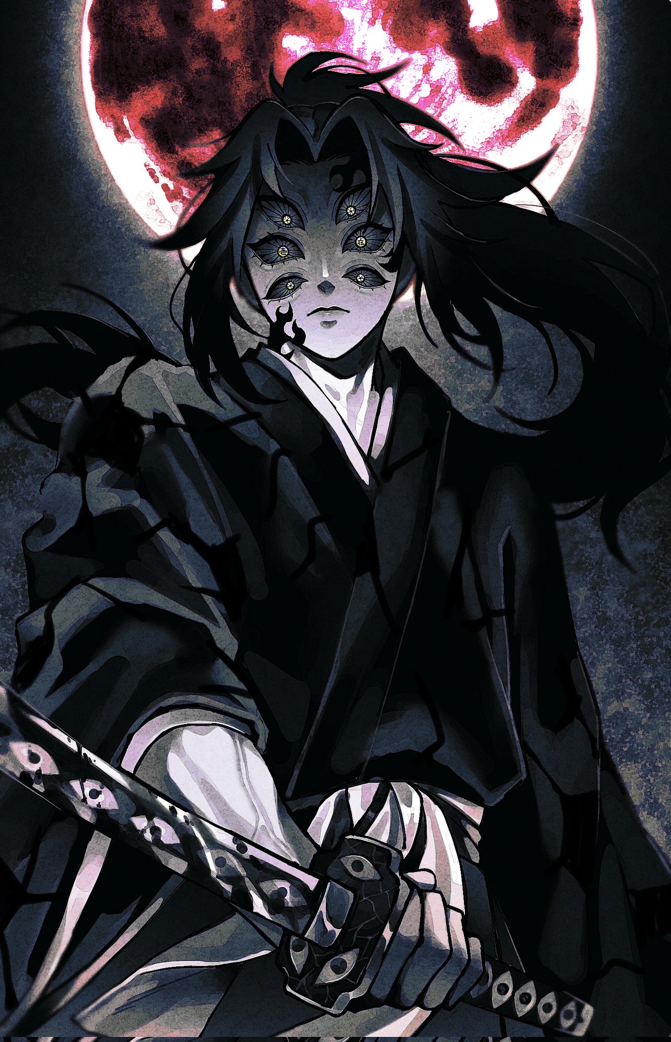 kokushibou, kimetsu no yaiba, highres, 1boy, black hair, black kimono, black sclera, closed mouth, colored sclera, extra eyes, high ponytail, holding, holding sword, holding weapon, japanese clothes, kimono, long hair, looking at viewer, lxoq 012, male focus, moon, ponytail, solo, sword, upper body, weapon, yellow eyes