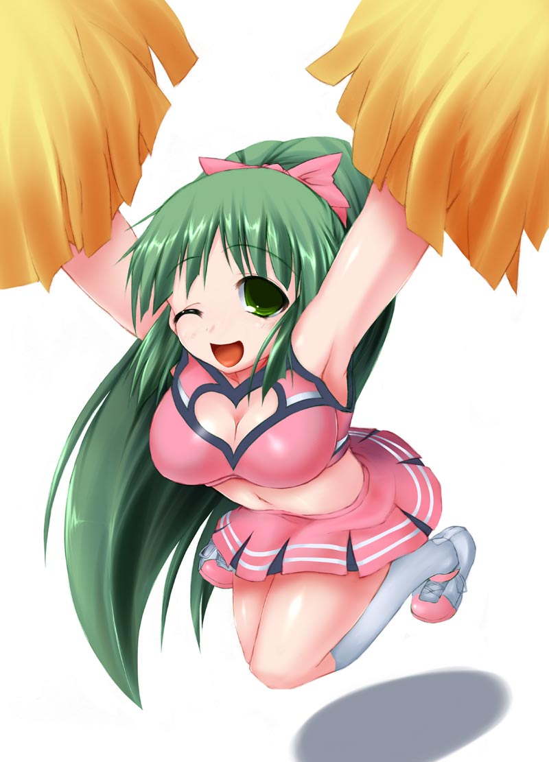 yatarou (rapidrabbit), yoshinoya (hidamari sketch), hidamari sketch, 00s, 1girl, armpits, blush, breasts, cheerleader, cleavage, cleavage cutout, clothing cutout, female focus, green eyes, green hair, hair ribbon, heart cutout, jumping, kneehighs, large breasts, long hair, matching hair/eyes, midriff, miniskirt, navel, one eye closed, pom pom (cheerleading), ponytail, ribbon, skirt, socks, solo, wink