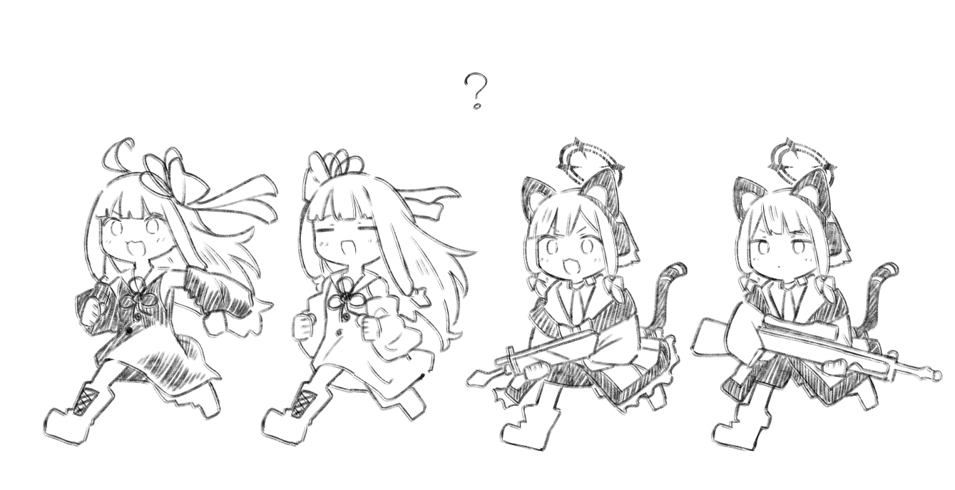 itachi (mamamamamamazu1), kotonoha akane, kotonoha aoi, midori (blue archive), momoi (blue archive), blue archive, voiceroid, bad id, bad twitter id, 4girls, :3, = =, ?, animal ear headphones, animal ears, boots, bow, cat ear headphones, cat ears, cat tail, chibi, chibi only, closed eyes, crossover, detached sleeves, dress, fake animal ears, fake tail, full body, greyscale, hair bow, hair ribbon, halo, headphones, jacket, long hair, long sleeves, monochrome, multiple girls, multiple hair bows, necktie, open mouth, ribbon, running, short hair, shorts, siblings, simple background, sisters, skirt, sleeveless, sleeveless dress, smile, tail, trait connection, v-shaped eyebrows, wide sleeves