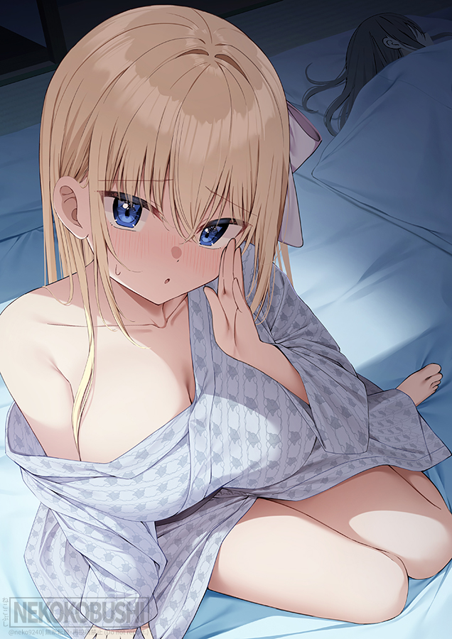 nekokobushi, original, commentary request, official art, 2girls, barefoot, black hair, blanket, blonde hair, blue eyes, blush, bow, breasts, cleavage, futon, grey kimono, hair bow, hand up, japanese clothes, kimono, large breasts, long hair, long sleeves, looking at viewer, multiple girls, parted lips, pillow, ribbonko-chan, sitting, sleeping, solo focus, white bow, wide sleeves, yokozuwari, yukata