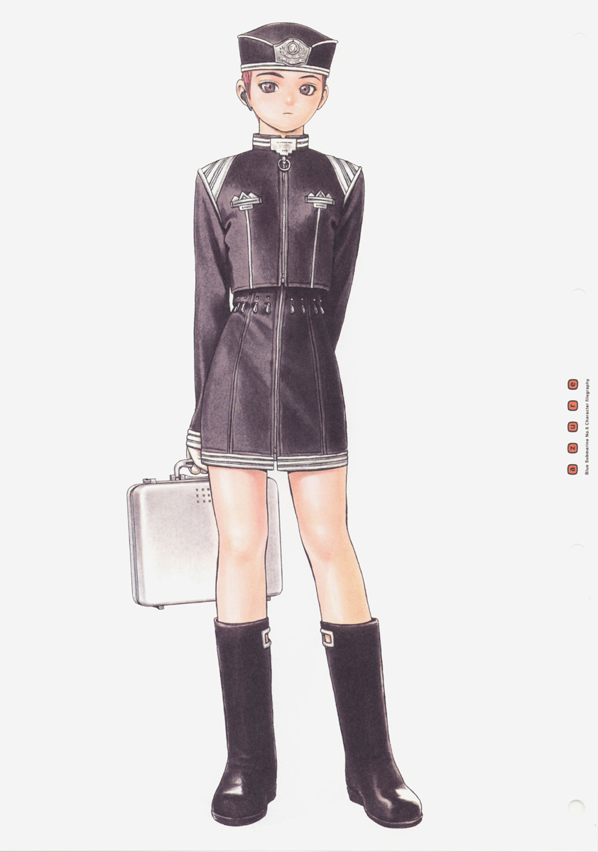 murata range, kino mayumi, ao no roku-gou, eyebrows, 1girl, androgynous, arms behind back, art deco, black boots, black jacket, black skirt, boots, briefcase, brown eyes, female focus, full body, hat, jacket, knee boots, light frown, long sleeves, looking at viewer, military, military uniform, red hair, short hair, simple background, skirt, solo, standing, suitcase, very short hair, white background, zipper