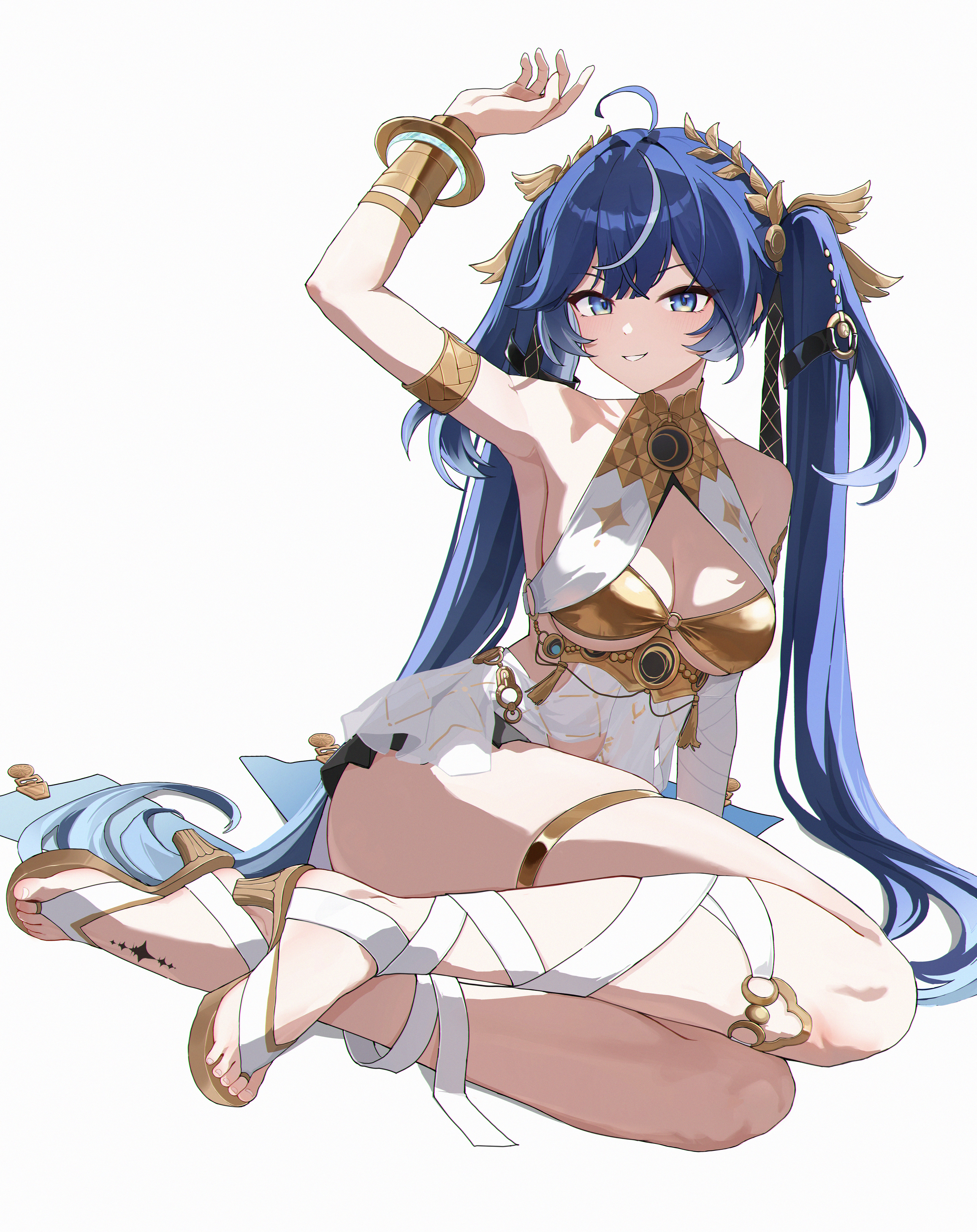 master mocha, iuno (wuthering waves), wuthering waves, absurdres, commentary, highres, 1girl, ahoge, arm up, armlet, bare shoulders, black skirt, blue eyes, blue hair, breasts, cleavage, gladiator sandals, gold bra, hair belt, jewelry, laurel crown, long hair, looking at viewer, medium breasts, miniskirt, multicolored hair, parted lips, sandals, sitting, skirt, smile, solo, streaked hair, tacet mark (wuthering waves), thighlet, thighs, twintails, very long hair