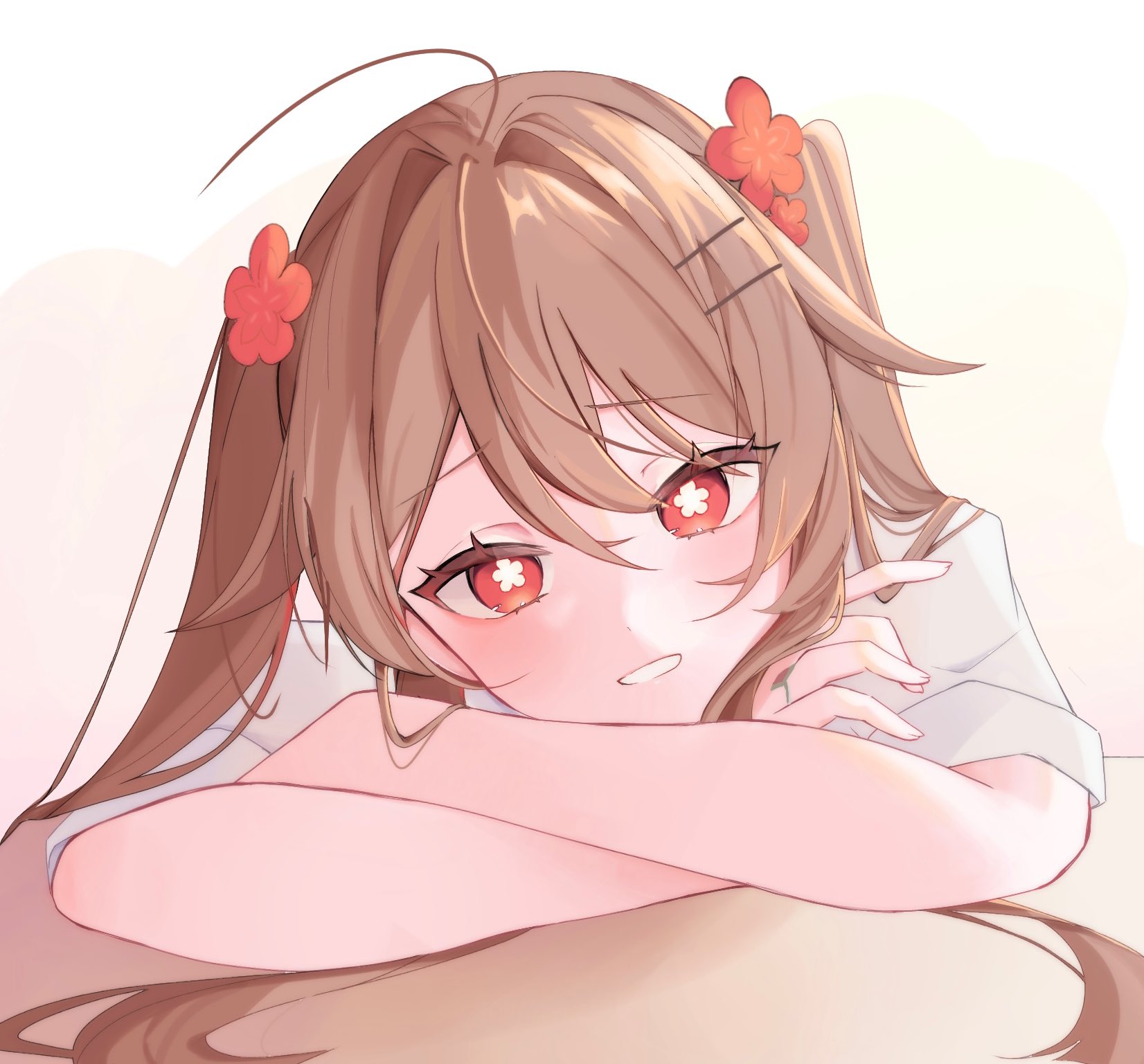 hu tao (genshin impact), genshin impact, commentary request, highres, 1girl, arm rest, brown hair, crossed arms, flower, flower-shaped pupils, hair between eyes, hair flower, hair intakes, hair ornament, haru sakura3915, head rest, head tilt, long hair, looking at viewer, parted lips, red eyes, simple background, solo, symbol-shaped pupils, twintails, white background