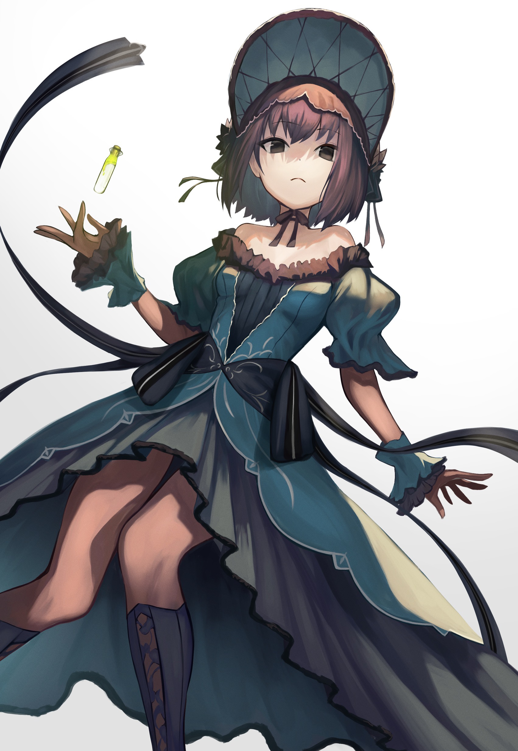 genshu doki, kuonji alice, fate/grand order, fate (series), absurdres, highres, 1girl, bare shoulders, boots, breasts, brown hair, choker, dress, frilled dress, frills, grey eyes, looking at viewer, medium hair, small breasts, solo, standing, thigh gap, white background, wrist cuffs