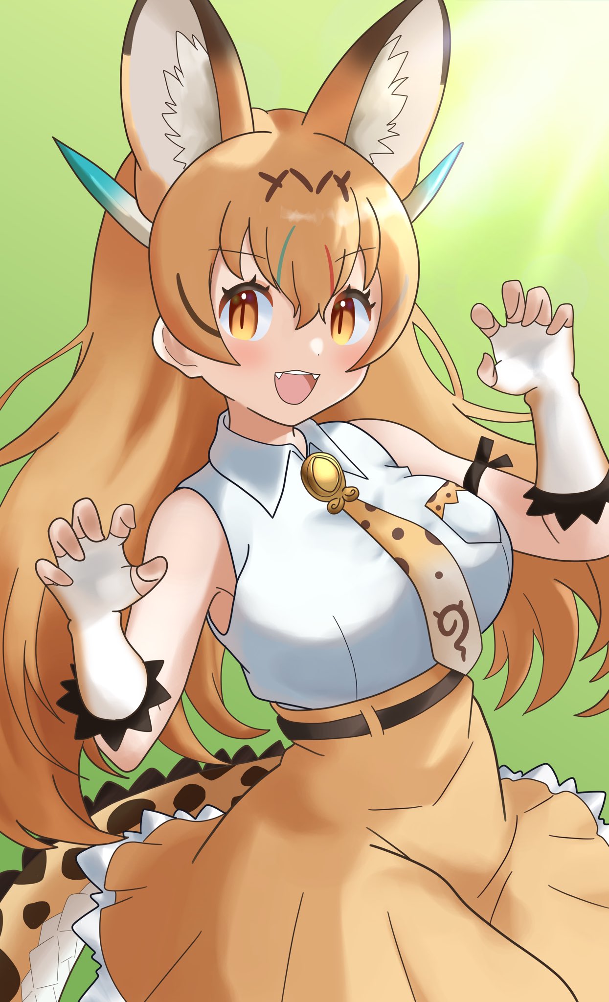 kemono friends, kemono friends 3, highres, 1girl, animal ears, bare shoulders, blonde hair, blush, cat ears, cat girl, claw pose, collared shirt, cowboy shot, dragon girl, dragon serval (kemono friends), dragon tail, extra ears, fangs, fingerless gloves, frilled gloves, frilled skirt, frills, gloves, hair between eyes, high-waist skirt, long hair, matabi umi, necktie, open mouth, print necktie, shirt, sidelocks, skirt, sleeveless, slit pupils, smile, solo, tail, white gloves, yellow eyes, yellow necktie, yellow skirt
