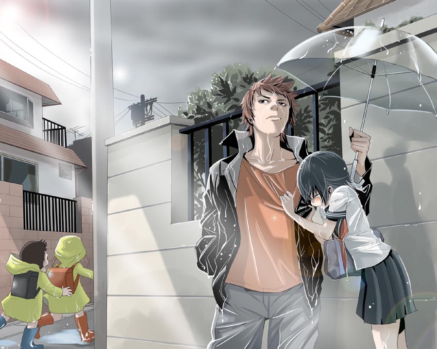 chawanmushi (zukka5187), original, 2boys, 2girls, black hair, closed eyes, comforting, holding, holding umbrella, multiple boys, multiple girls, outdoors, school uniform, serafuku, short hair, tears, umbrella, wet, wet hair