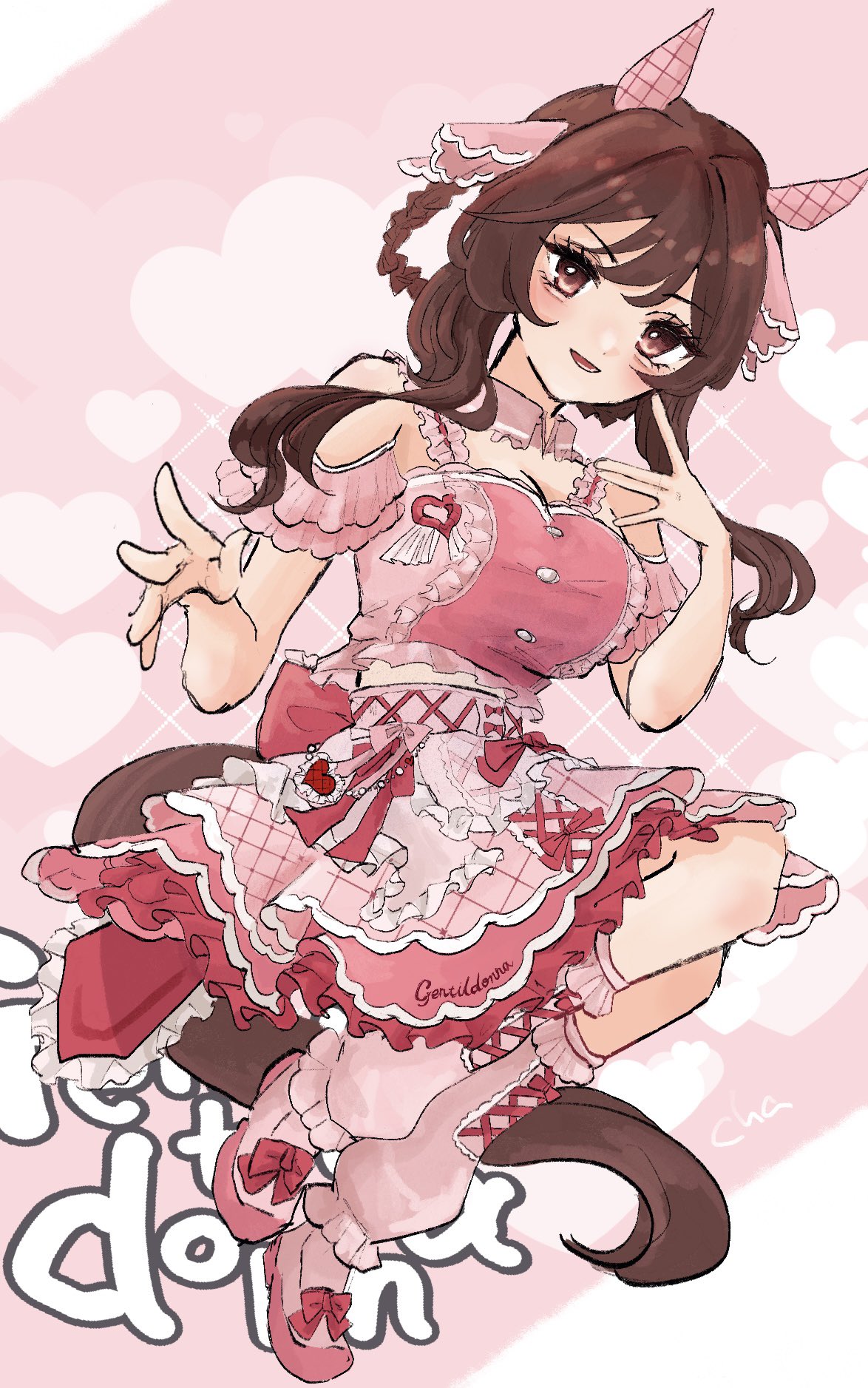 gentildonna (umamusume), umamusume, highres, 1girl, animal ears, blush, braid, braided hair rings, breasts, brown hair, chasouko, cropped shirt, ear covers, ear ornament, hair between eyes, hair ornament, hair rings, heart, horse ears, horse girl, horse tail, large breasts, layered skirt, long hair, looking at viewer, loose socks, meni shuki rush-sshu!, open mouth, pink shirt, pink shoes, pink skirt, pink socks, red eyes, shirt, shoes, skirt, smile, socks, solo, tail