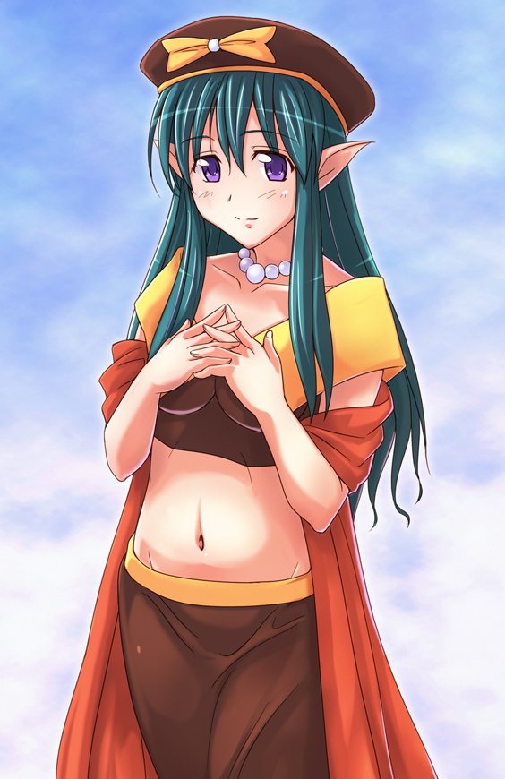 e20, lydia (quiz magic academy), quiz magic academy, 1girl, female focus, hat, midriff, outdoors, pointy ears, sky, solo
