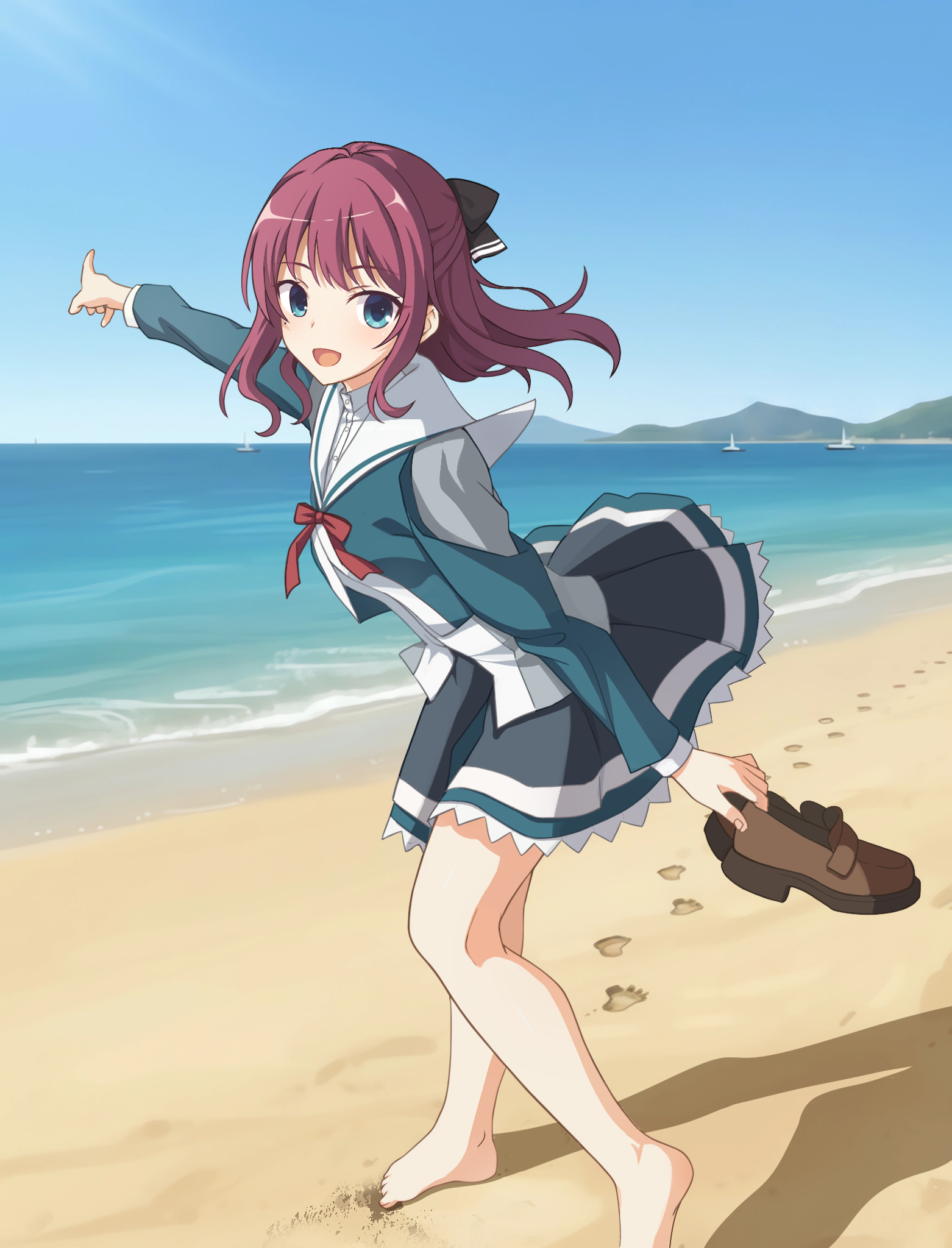 meitoku, maniwa roka, senren banka, highres, 1girl, barefoot, beach, blue eyes, clear sky, dress, frilled dress, frills, loafers, long hair, looking at viewer, mountain, necktie, ocean, open mouth, outdoors, red eyes, red necktie, shoes, sky, solo, standing, yacht