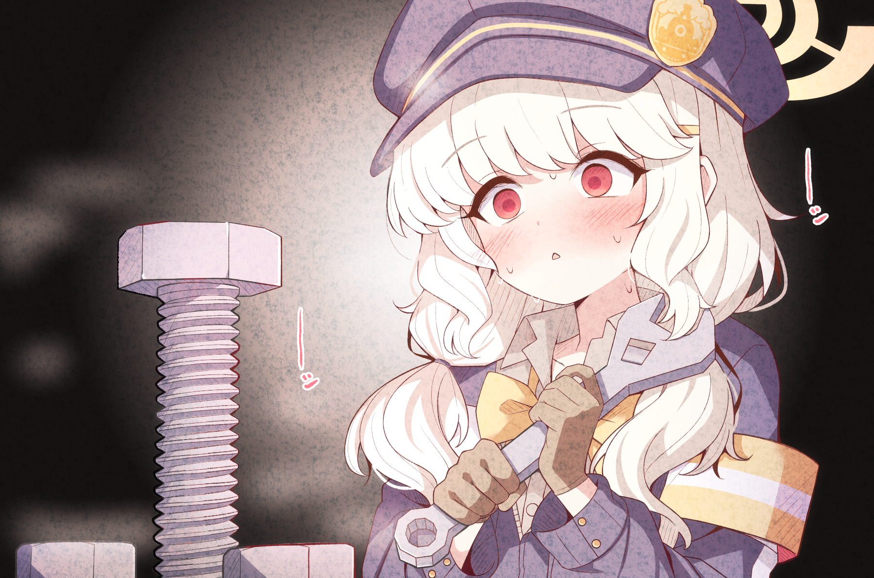 karikura (atatata71), aoba (blue archive), blue archive, joke, commentary request, highres, partial commentary, 1girl, blonde hair, blue hat, blush, bolt (hardware), brown gloves, clenched hands, dot nose, euphemism, gloves, hair ornament, hairclip, halo, hands up, hat, holding, holding wrench, long hair, long sleeves, low twintails, newsboy cap, nut (hardware), parted lips, phallic symbol, red eyes, solo, sound effects, sweat, triangle mouth, twintails, upper body, wavy hair, wrench, yellow halo