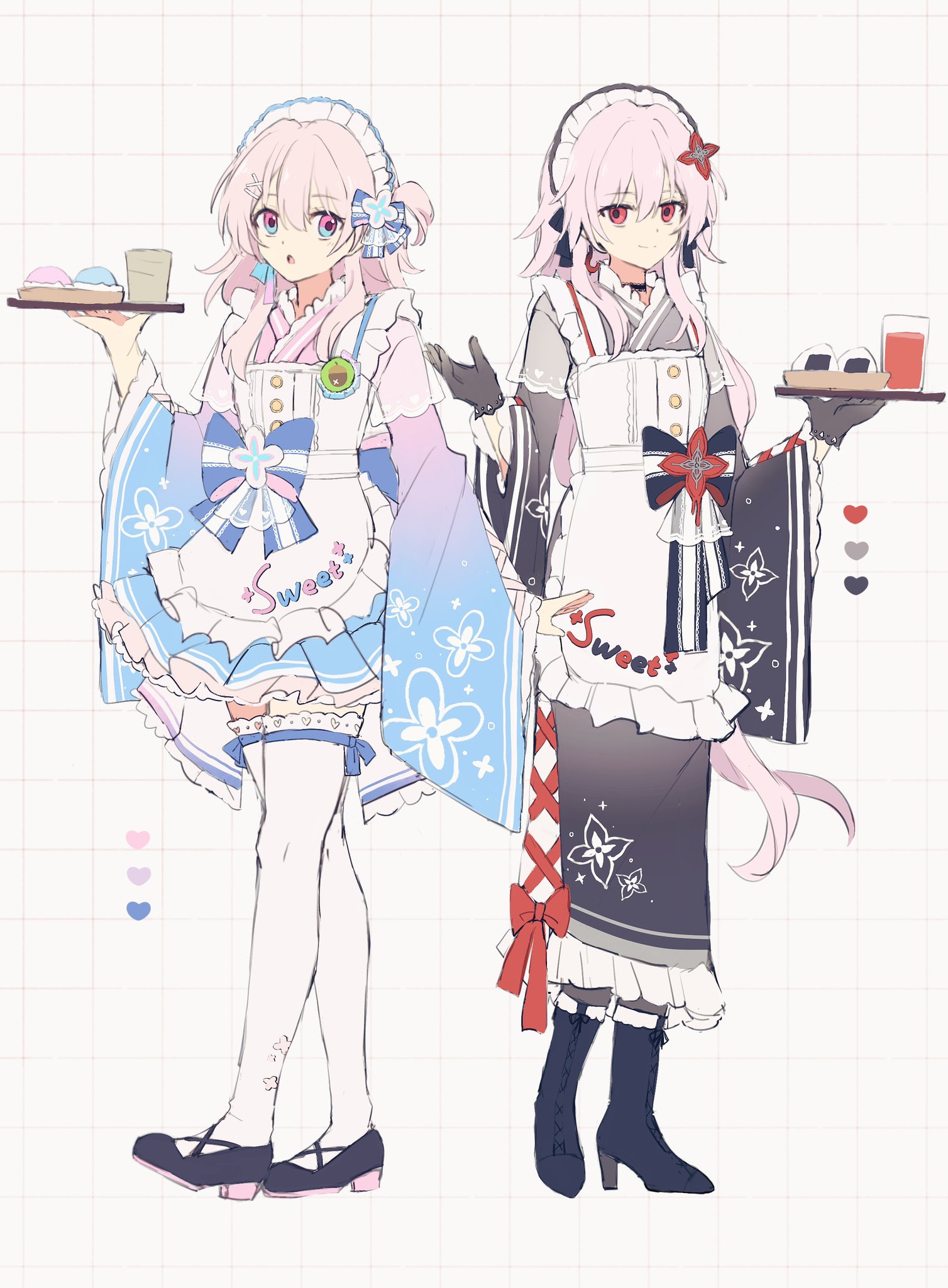 evernight (honkai: star rail), march 7th (honkai: star rail), honkai: star rail, honkai (series), highres, alternate costume, apron, black boots, black choker, black shoes, blue eyes, bonnet, boots, bow, choker, dress, dual persona, earrings, floral print, flower, food, frilled apron, frills, hair between eyes, hair flower, hair ornament, hairclip, heart, high heel boots, high heels, japanese clothes, jewelry, ki ii37, kneehighs, long hair, medium hair, mochi, multicolored eyes, onigiri, parallel hairclips, pink eyes, pink hair, red eyes, red ribbon, ribbon, shoes, single earring, socks, two-tone dress, two-tone eyes, very long hair, waitress, white socks, x hair ornament