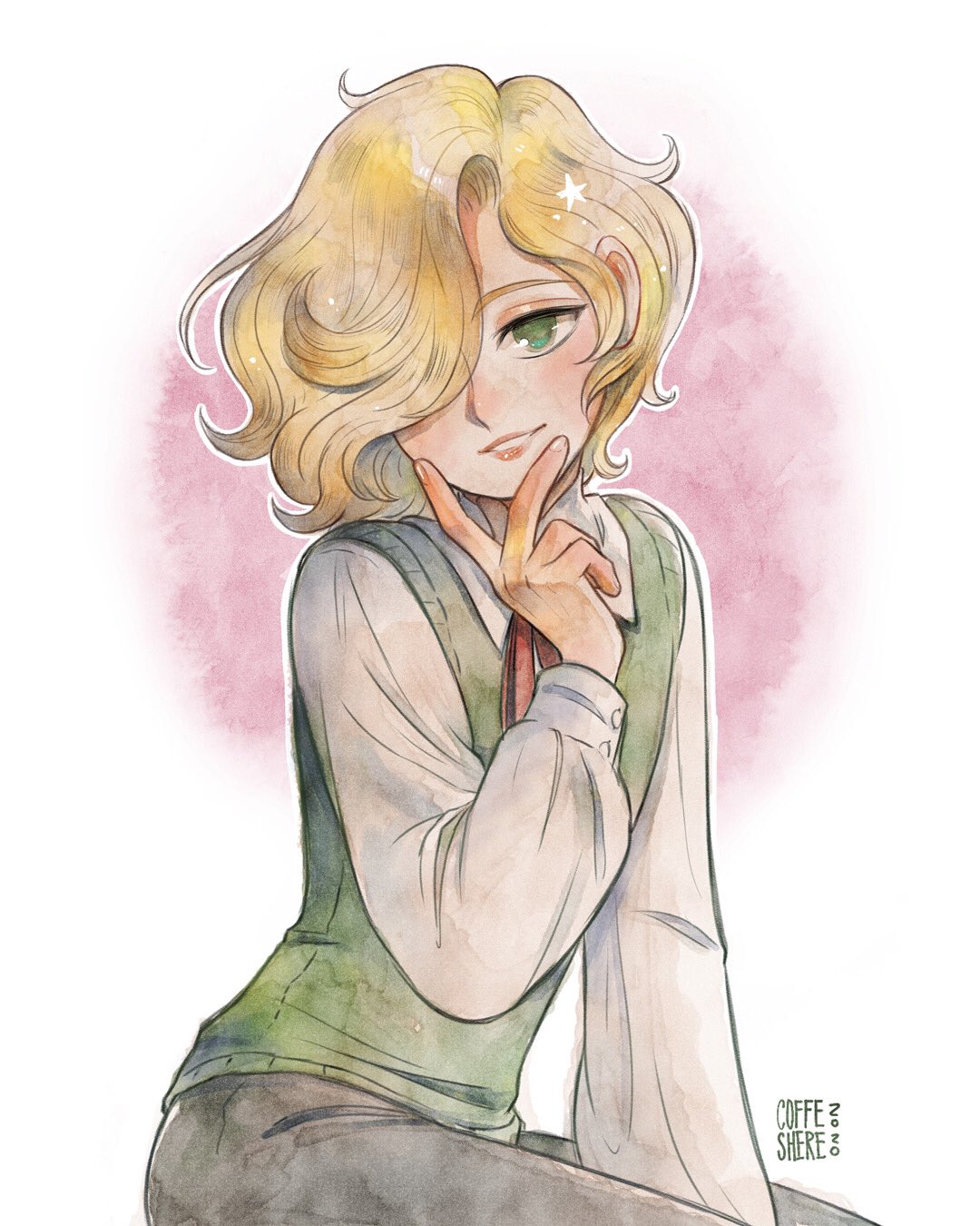 gilbert cocteau, kaze to ki no uta, femboy, gay, little boy, 1boy, blonde hair, green eyes, one eye closed, smile, yaoi