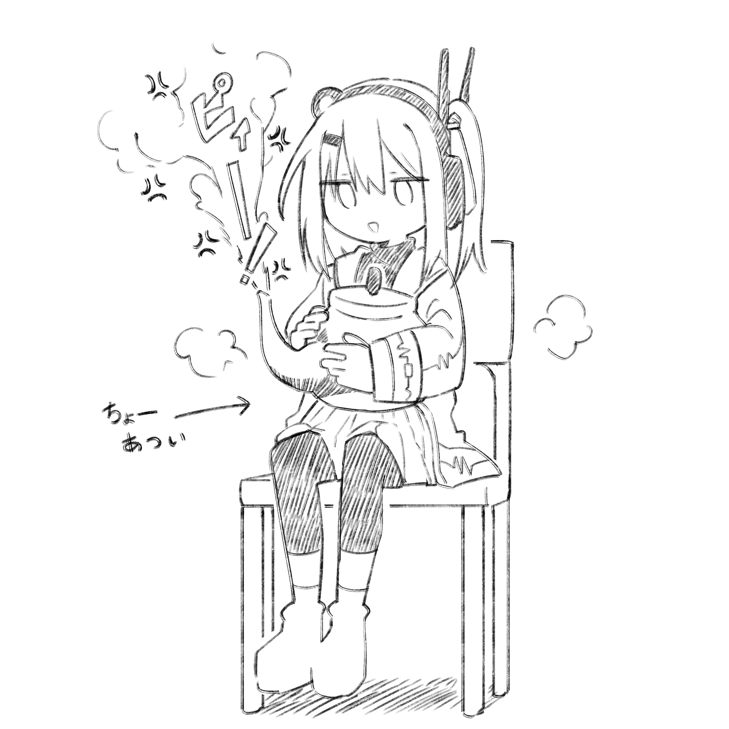 itachi (mamamamamamazu1), adachi rei, a.i. voice, utau, bad id, bad twitter id, highres, translation request, 1girl, anger vein, chair, full body, greyscale, headlamp, headphones, holding, holding teapot, jacket, long sleeves, medium hair, monochrome, on chair, one side up, open clothes, open jacket, open mouth, pantyhose, pleated skirt, radio antenna, shirt, shoes, simple background, sitting, skirt, smile, solo, steam, teapot, turtleneck, turtleneck shirt